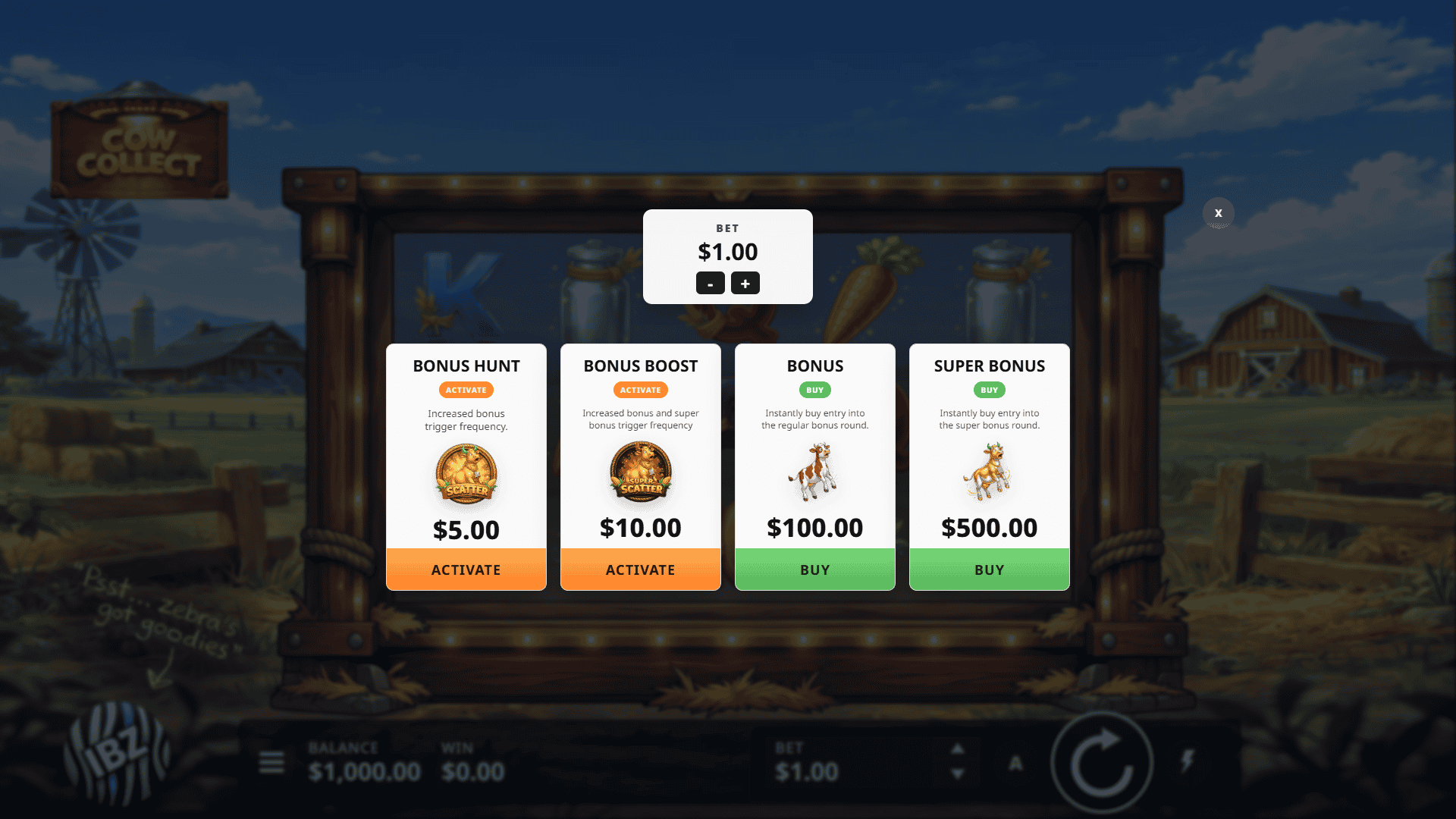 Cow Collect bonus buy menu
