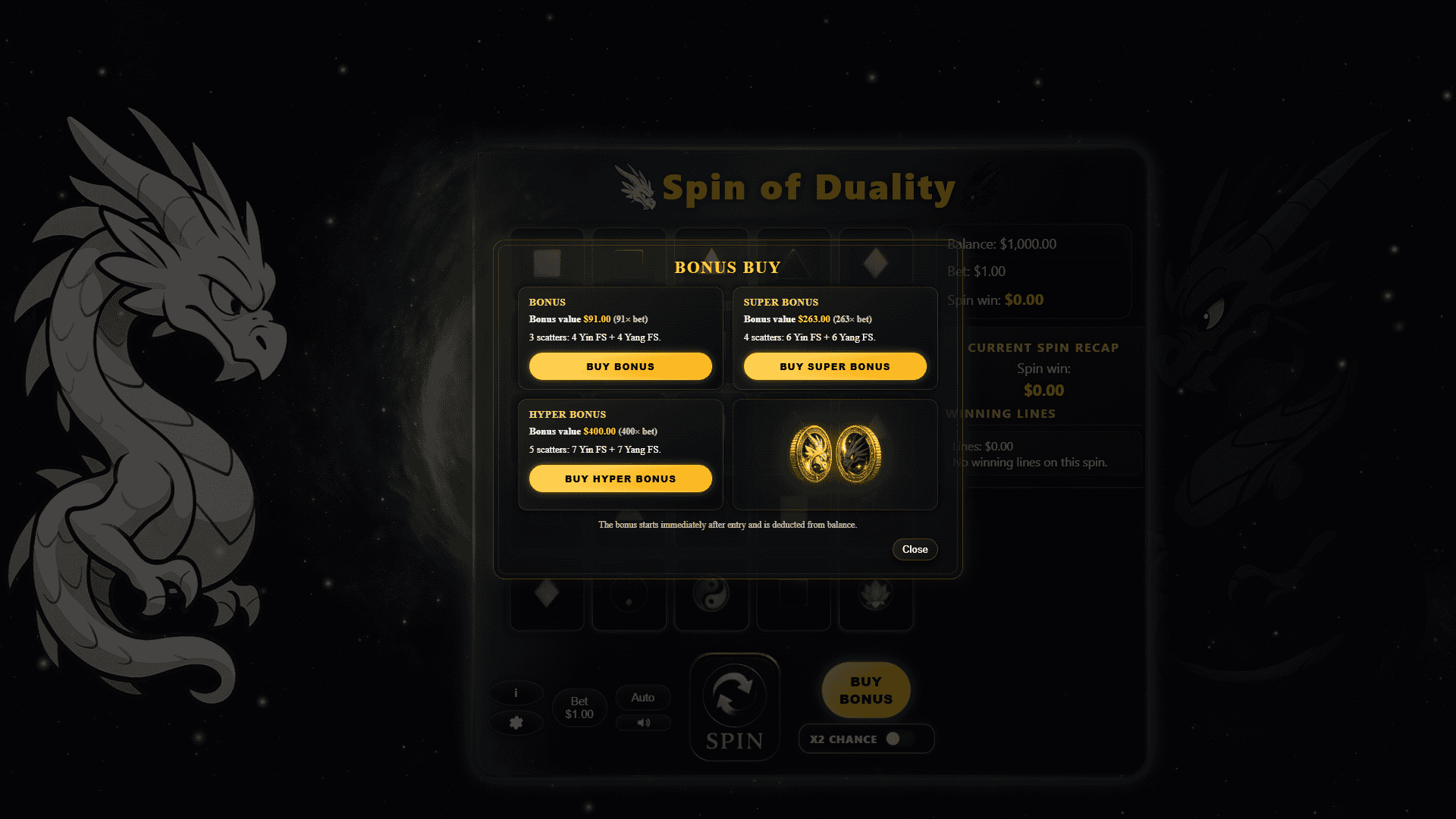 Spin Of Duality bonus buy menu