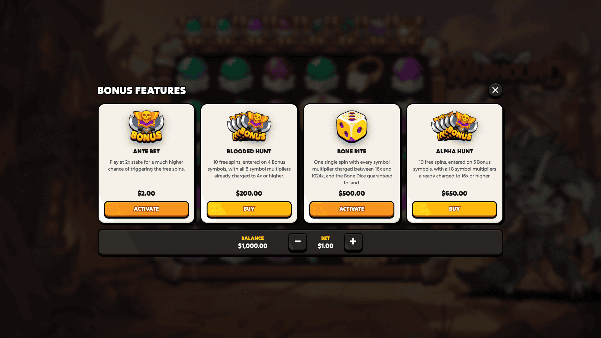 Warhound Cluster Pays bonus buy menu