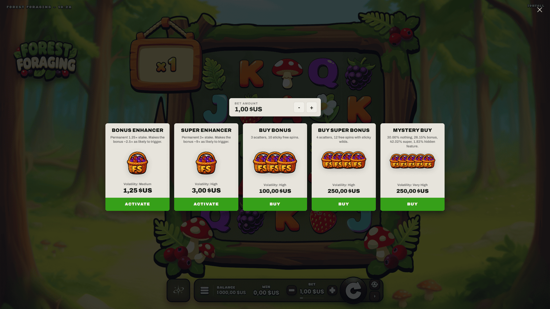 Forest Foraging bonus buy menu