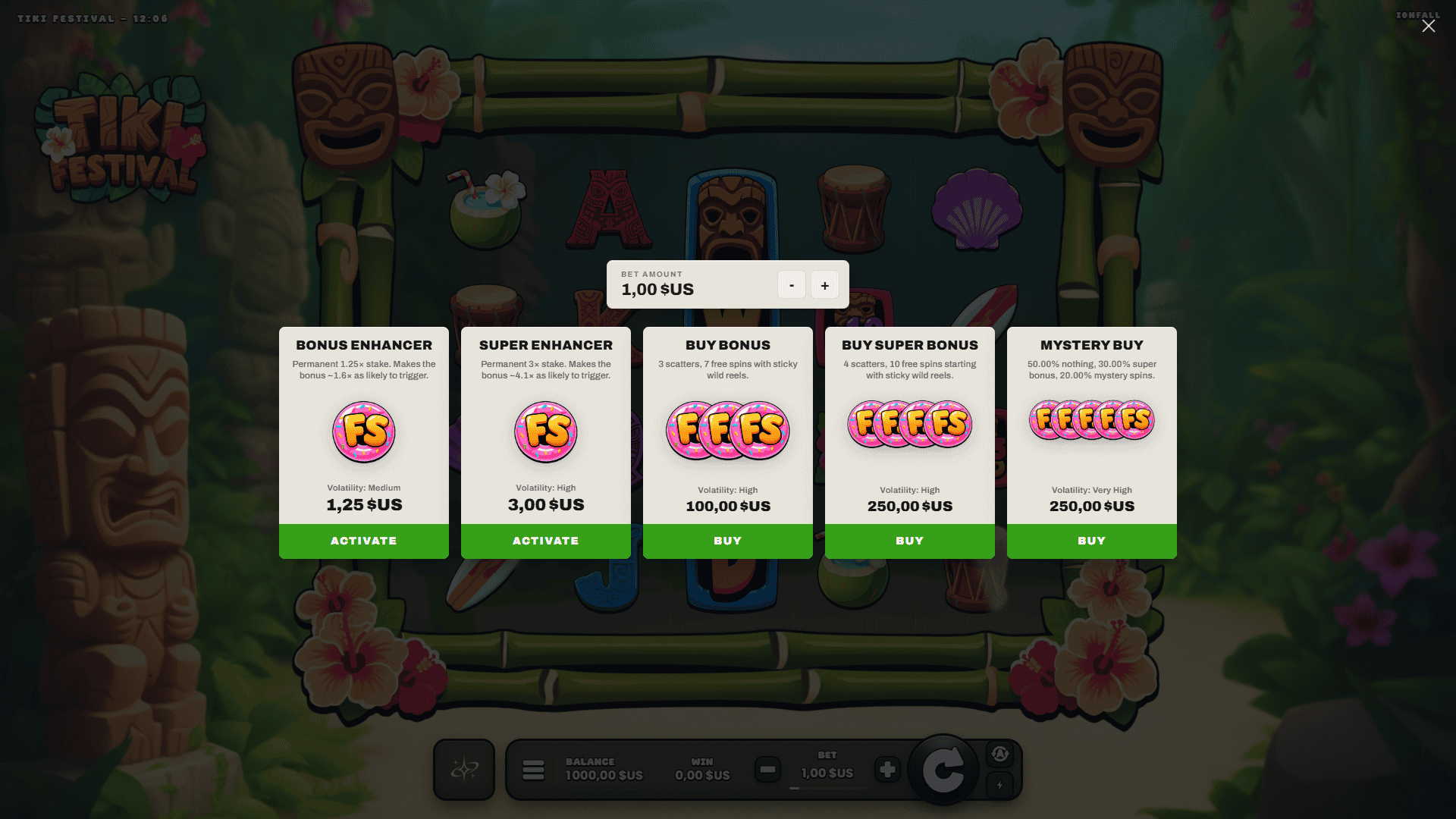 Tiki Festival bonus buy menu