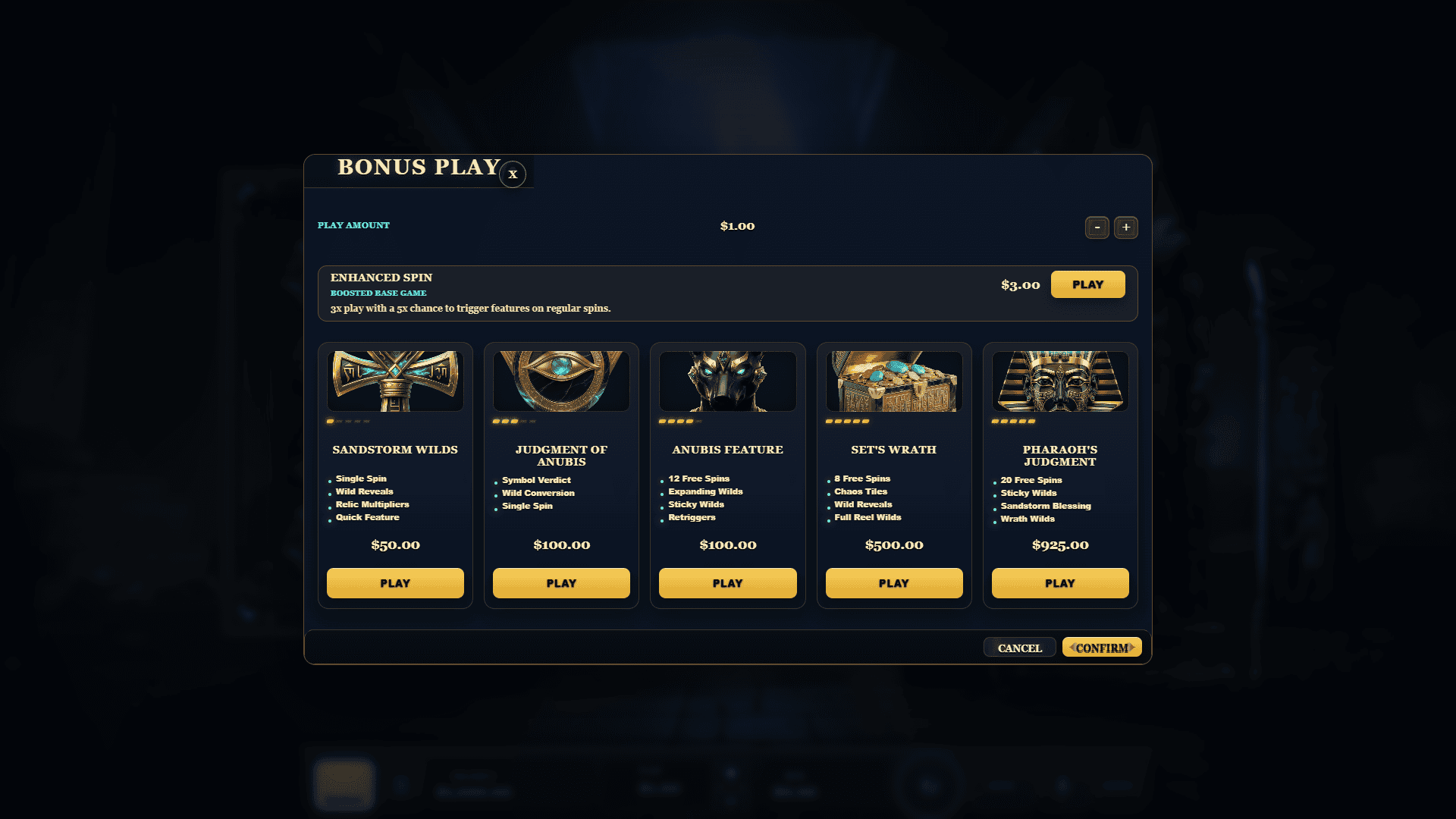 Wrath Of The Pharaoh bonus buy menu