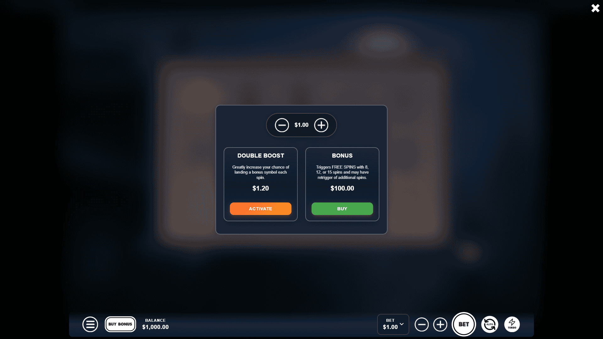 Spin Of Shadows bonus buy menu