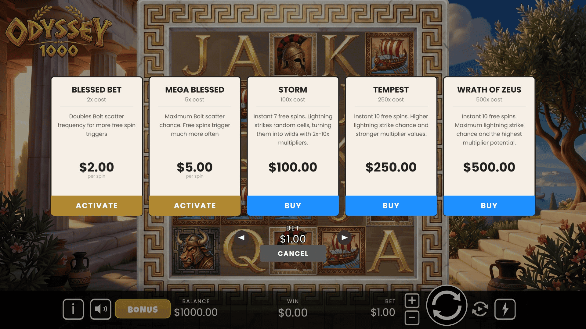 Odyssey 1000 bonus buy menu