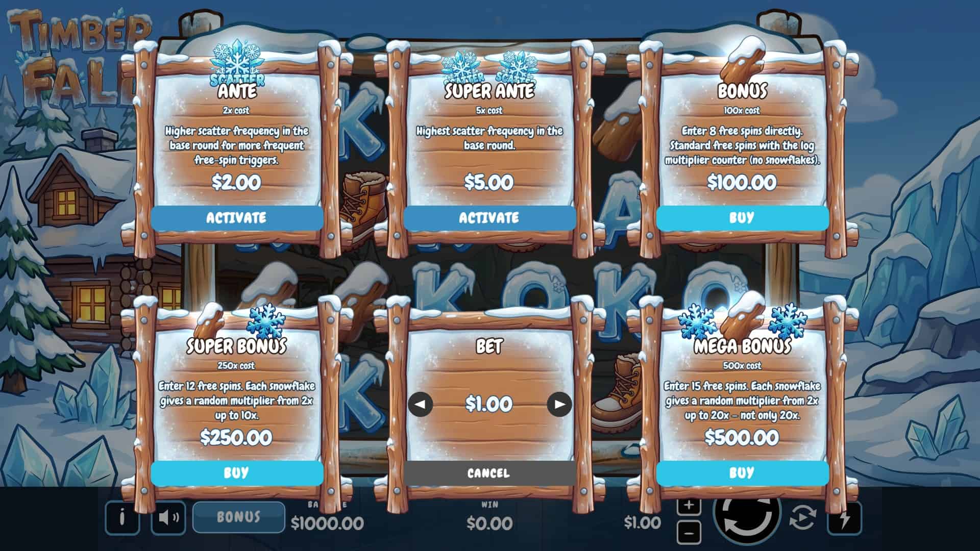Timber Fall bonus buy menu