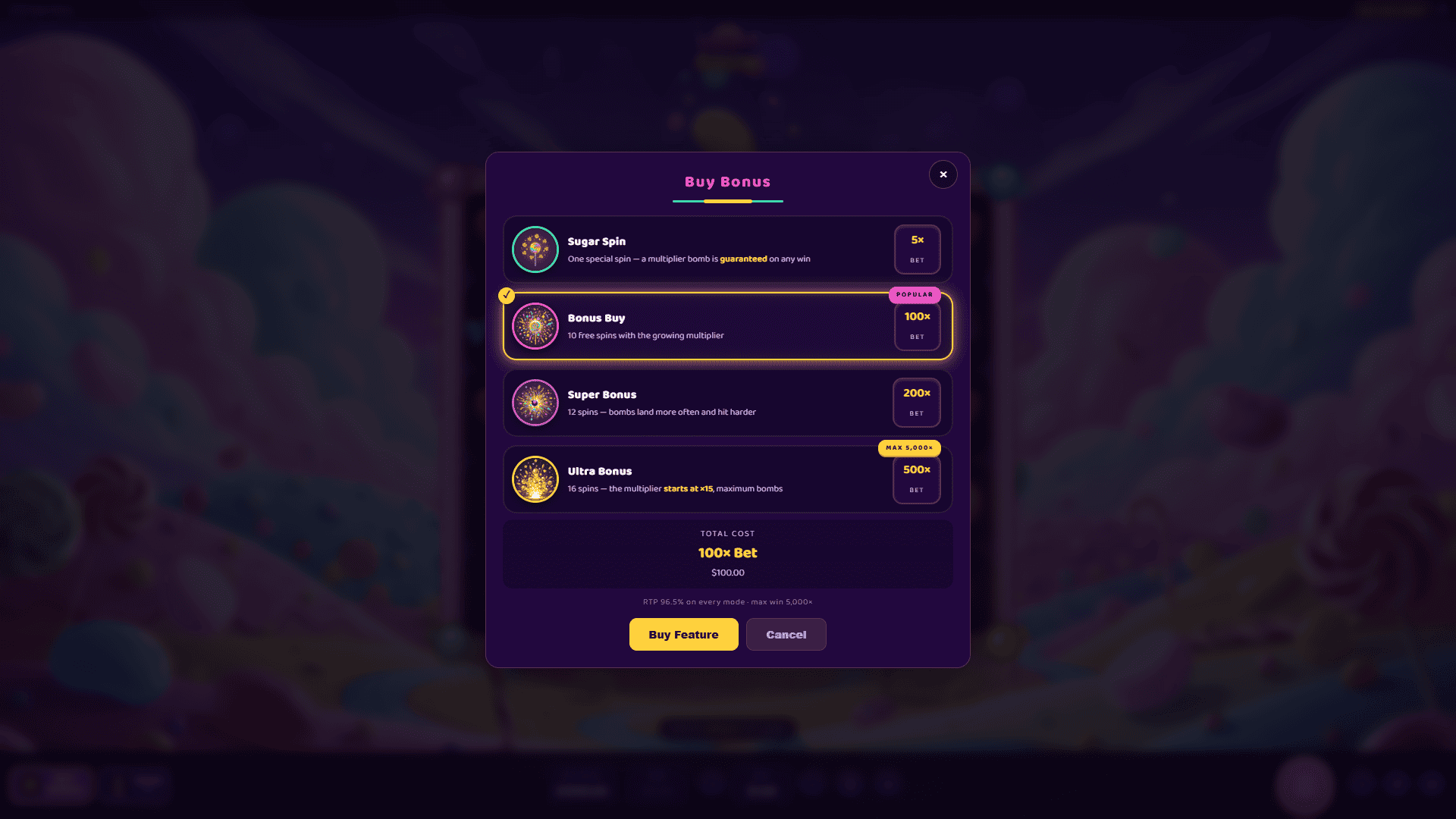 Sugar Boom bonus buy menu