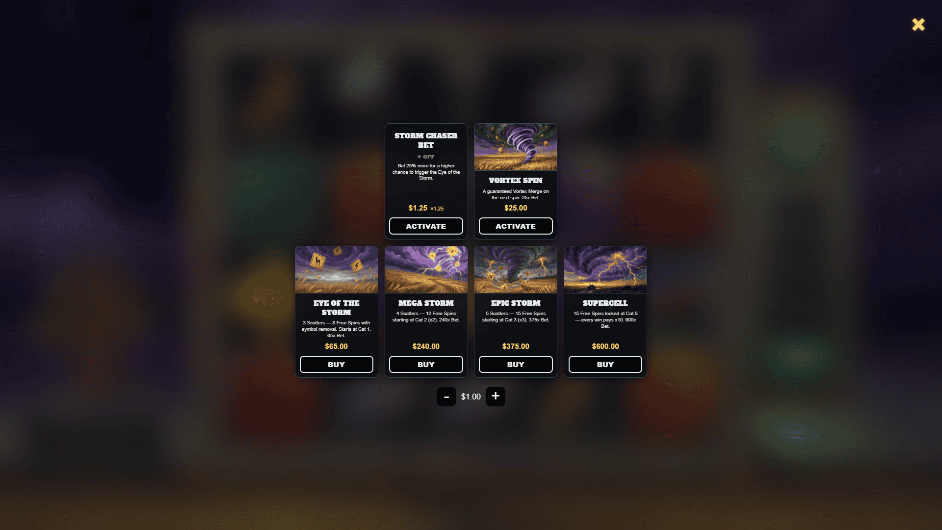 Cash Cyclone bonus buy menu