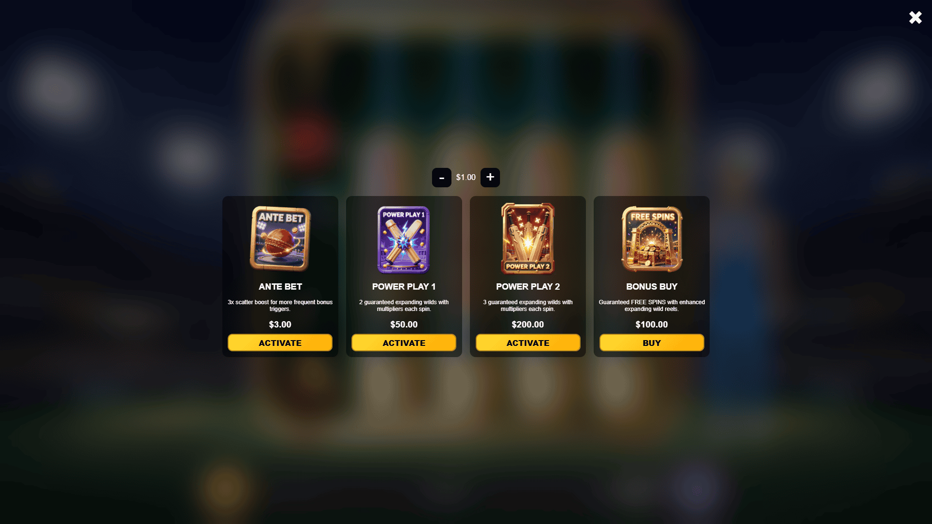 Cricket Fever: PowerPlay Smash bonus buy menu