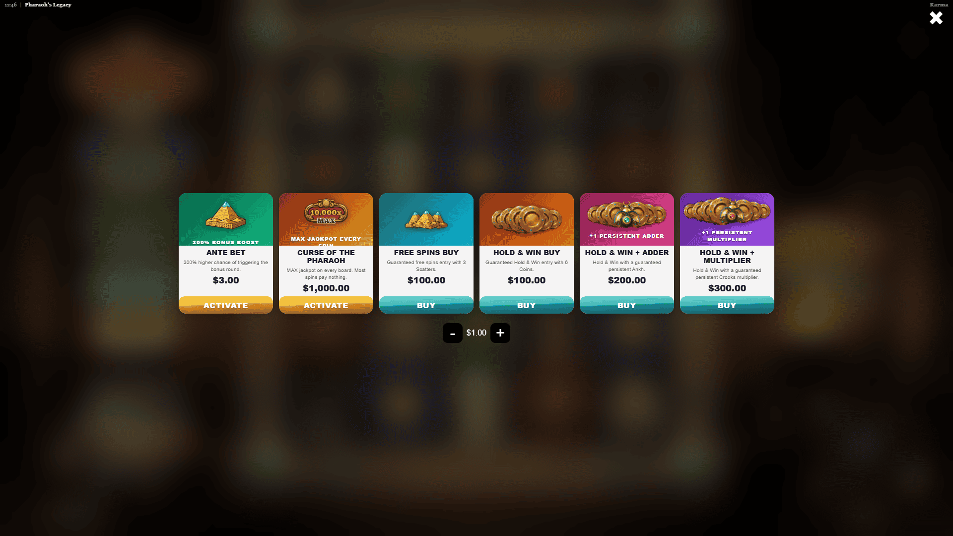 Pharaoh Legacy bonus buy menu