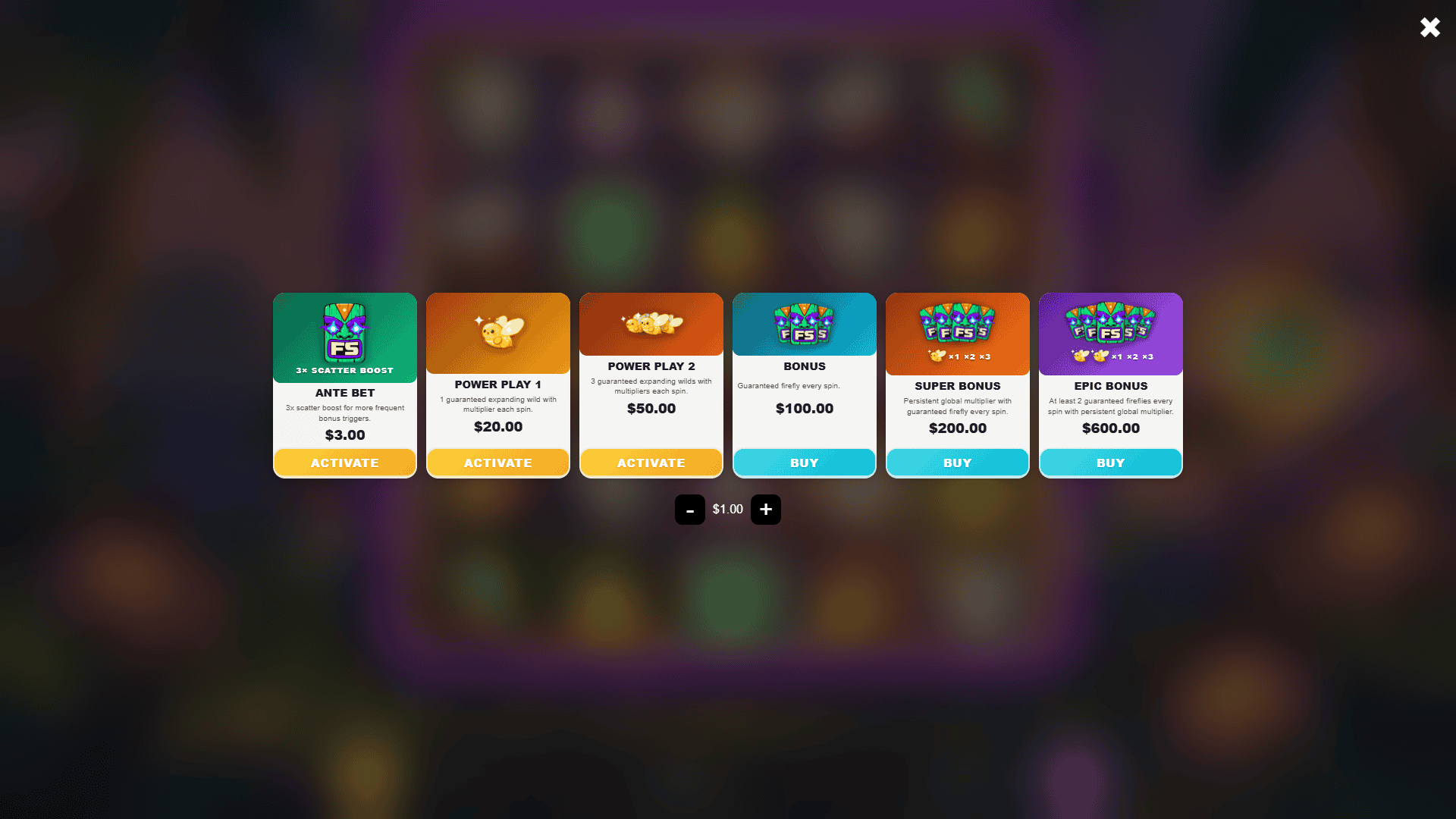 Tropical Vibes FireFly bonus buy menu