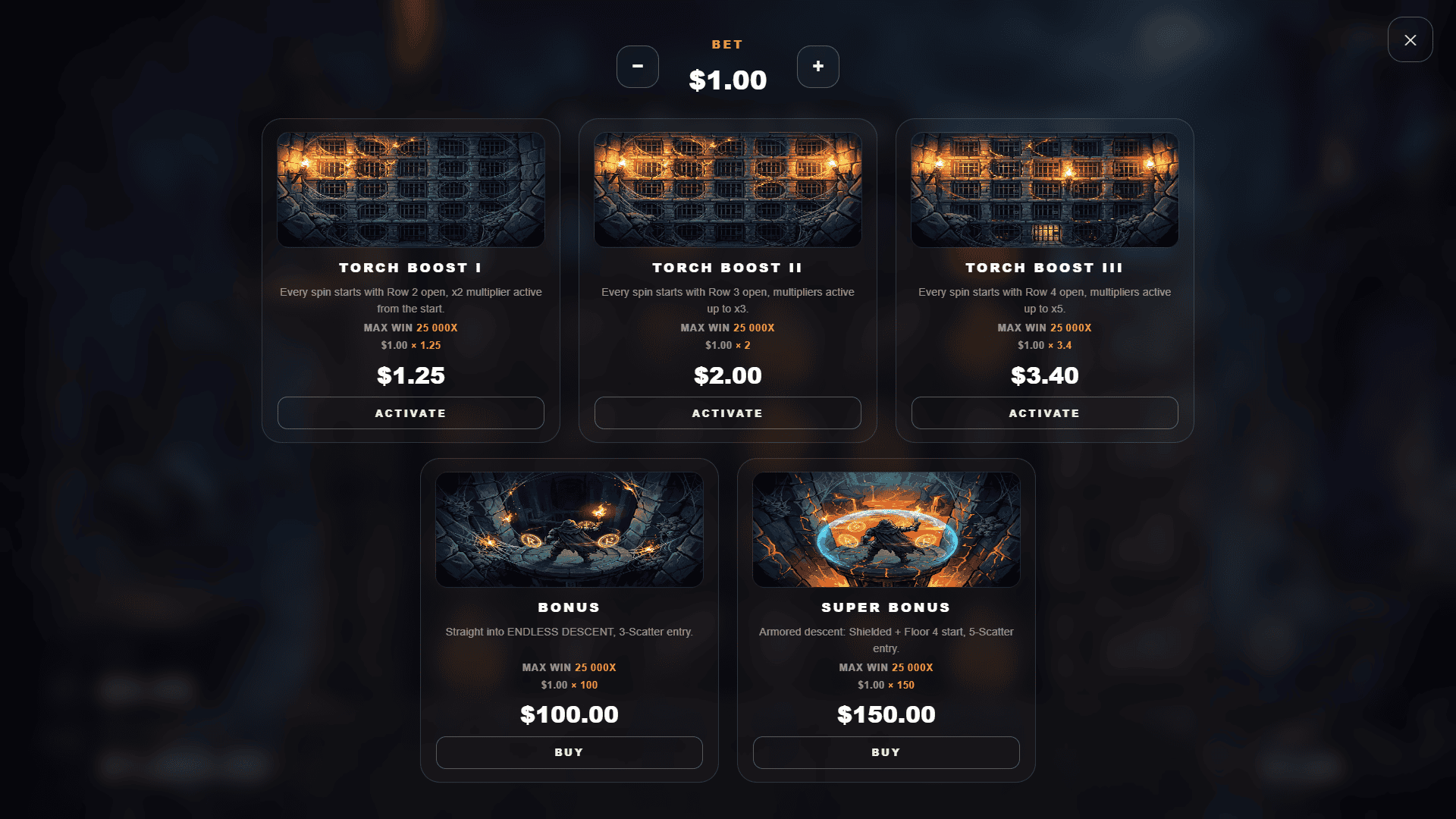 Dungeon: The Rune & Boon bonus buy menu