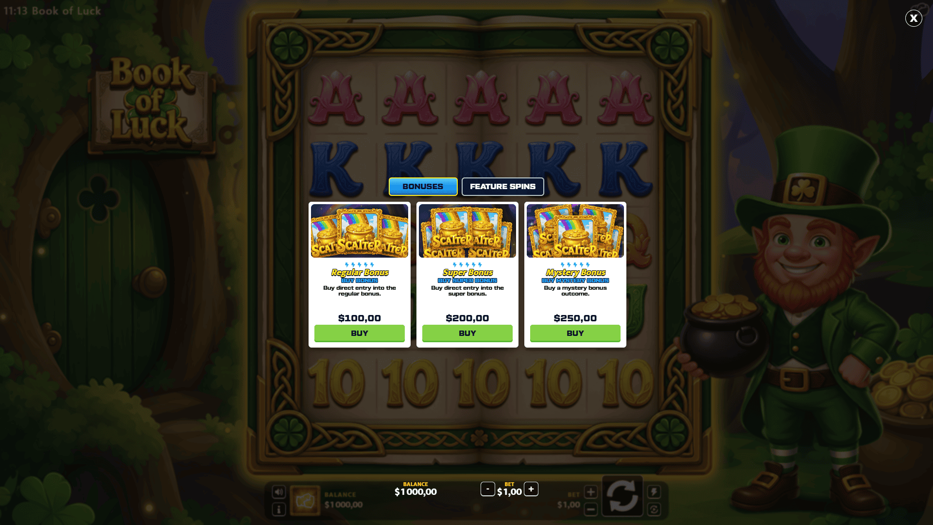 Book of Luck bonus buy menu