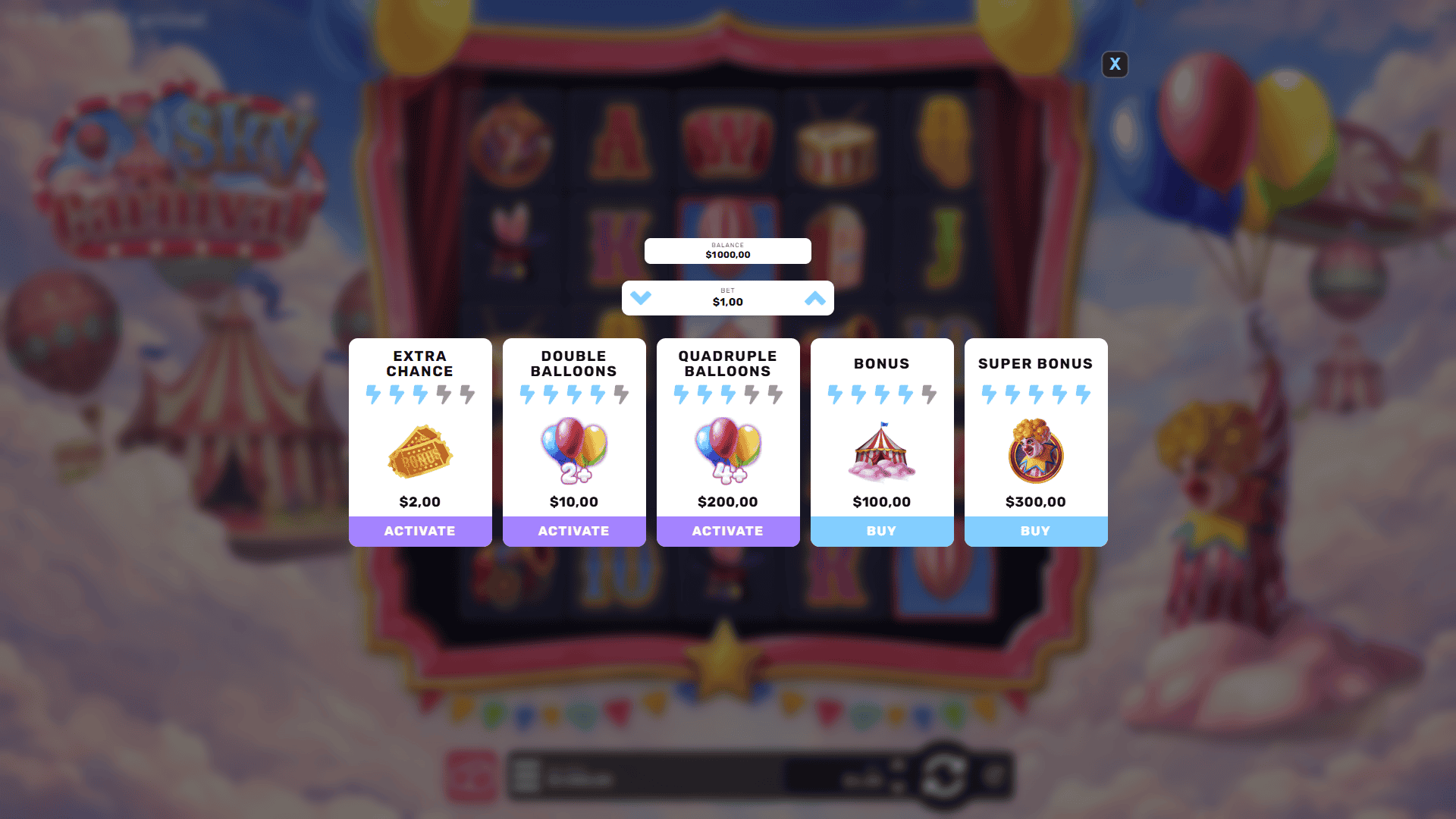 Sky Carnival bonus buy menu