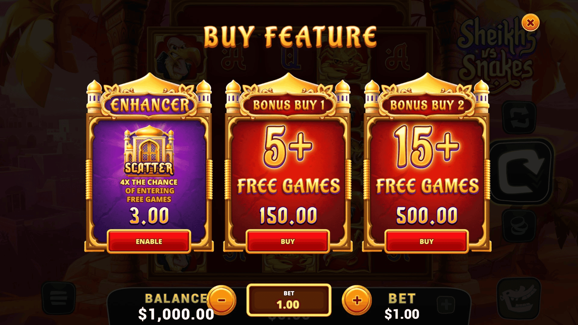 Sheikhs Vs Snakes bonus buy menu