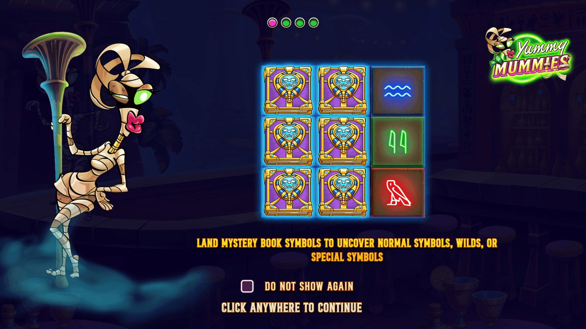 Yummy Mummies slot intro screen