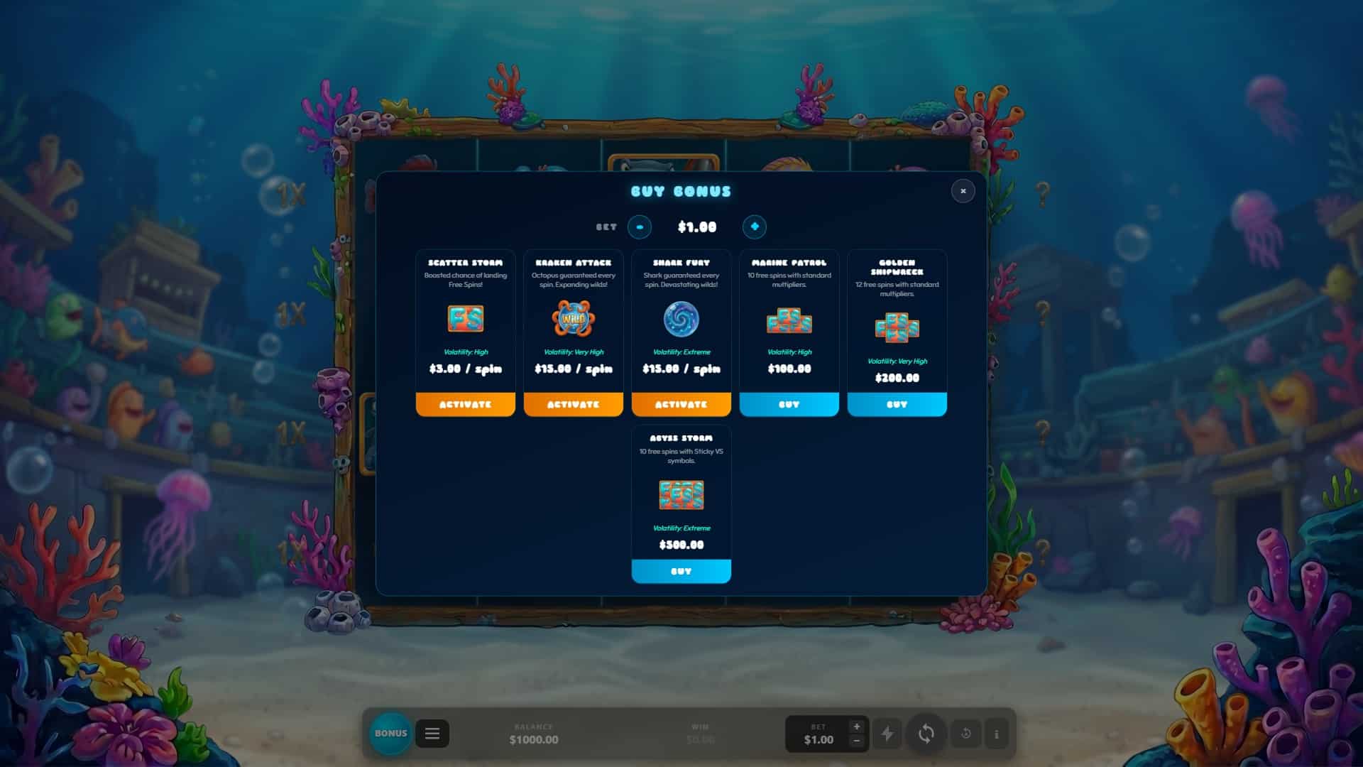 Bubble Brawl bonus buy menu