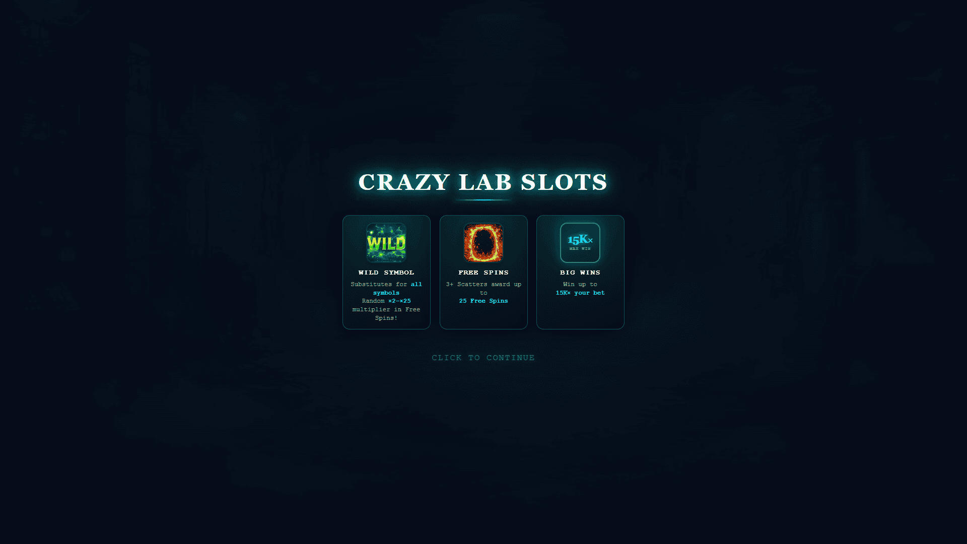 Crazy Lab Slots slot intro screen