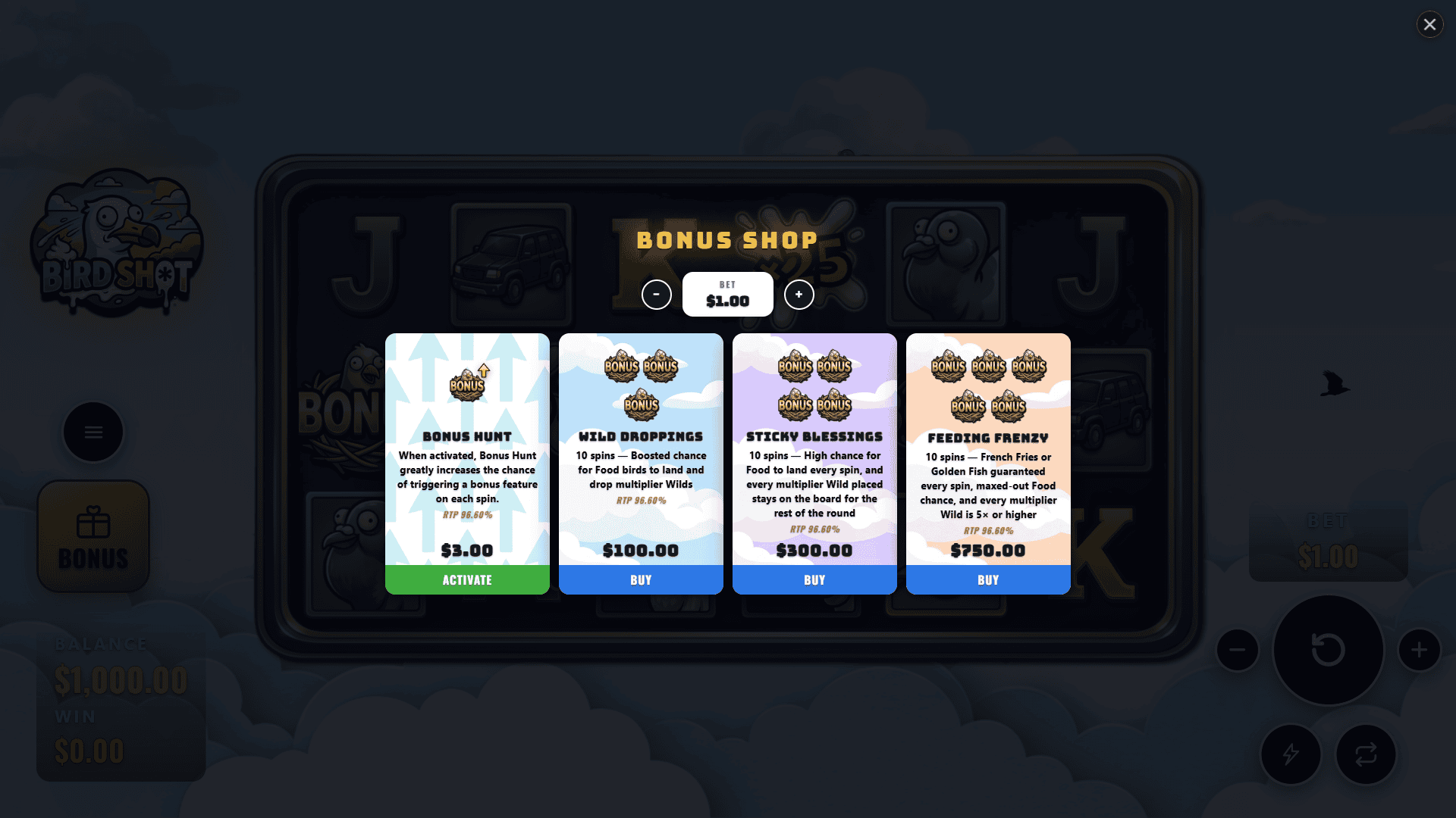 Birdshot bonus buy menu