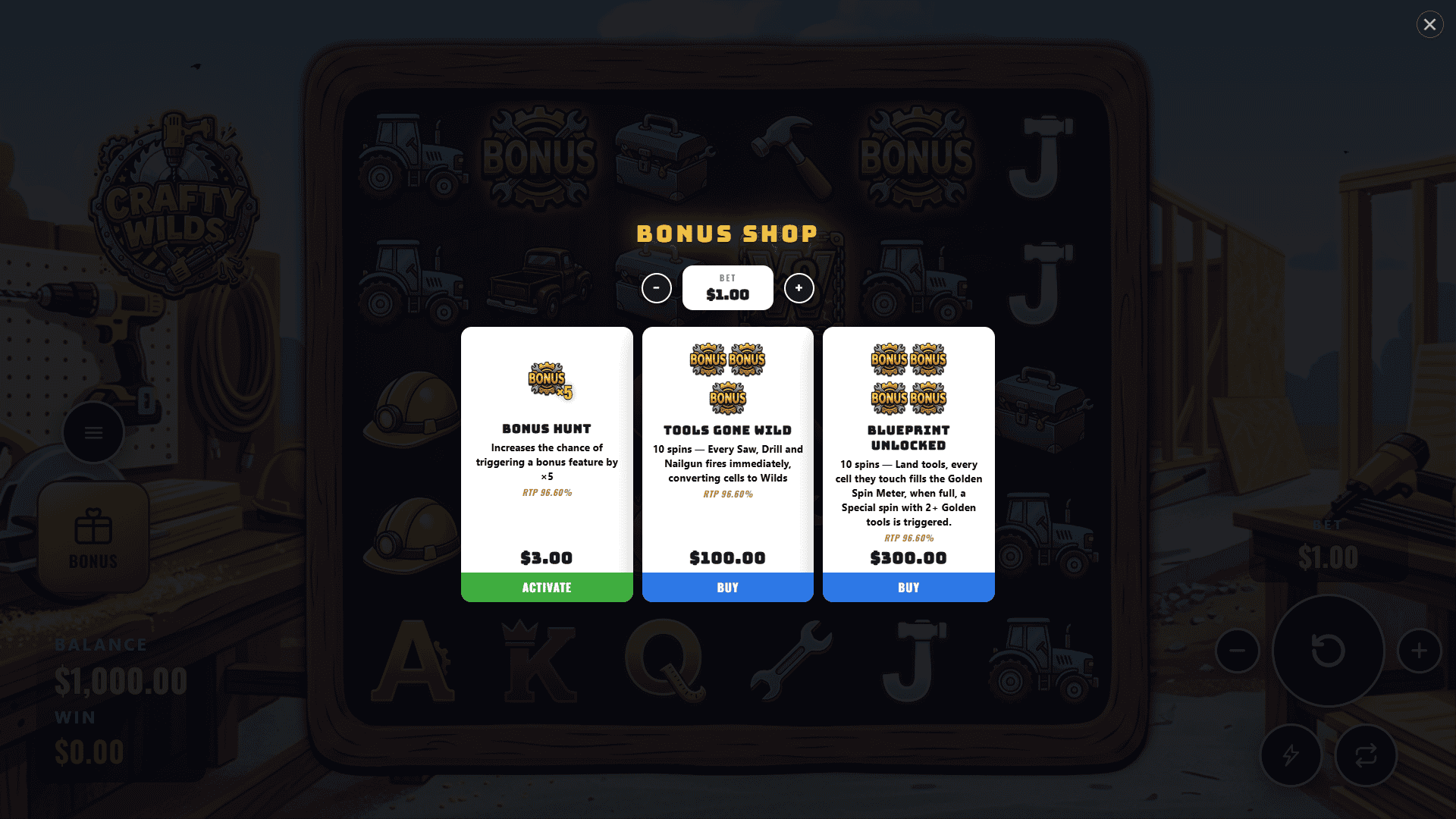 Crafty Wilds bonus buy menu