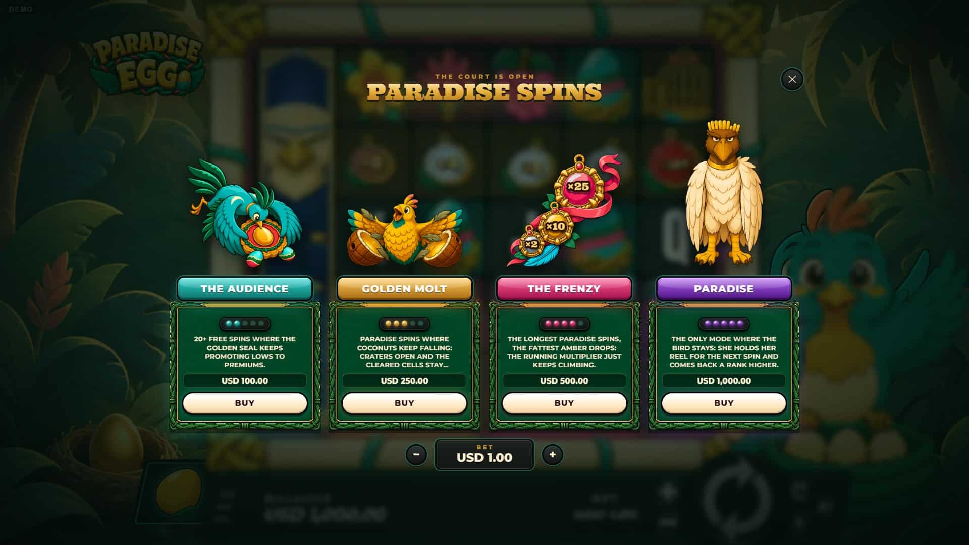 Paradise Egg bonus buy menu