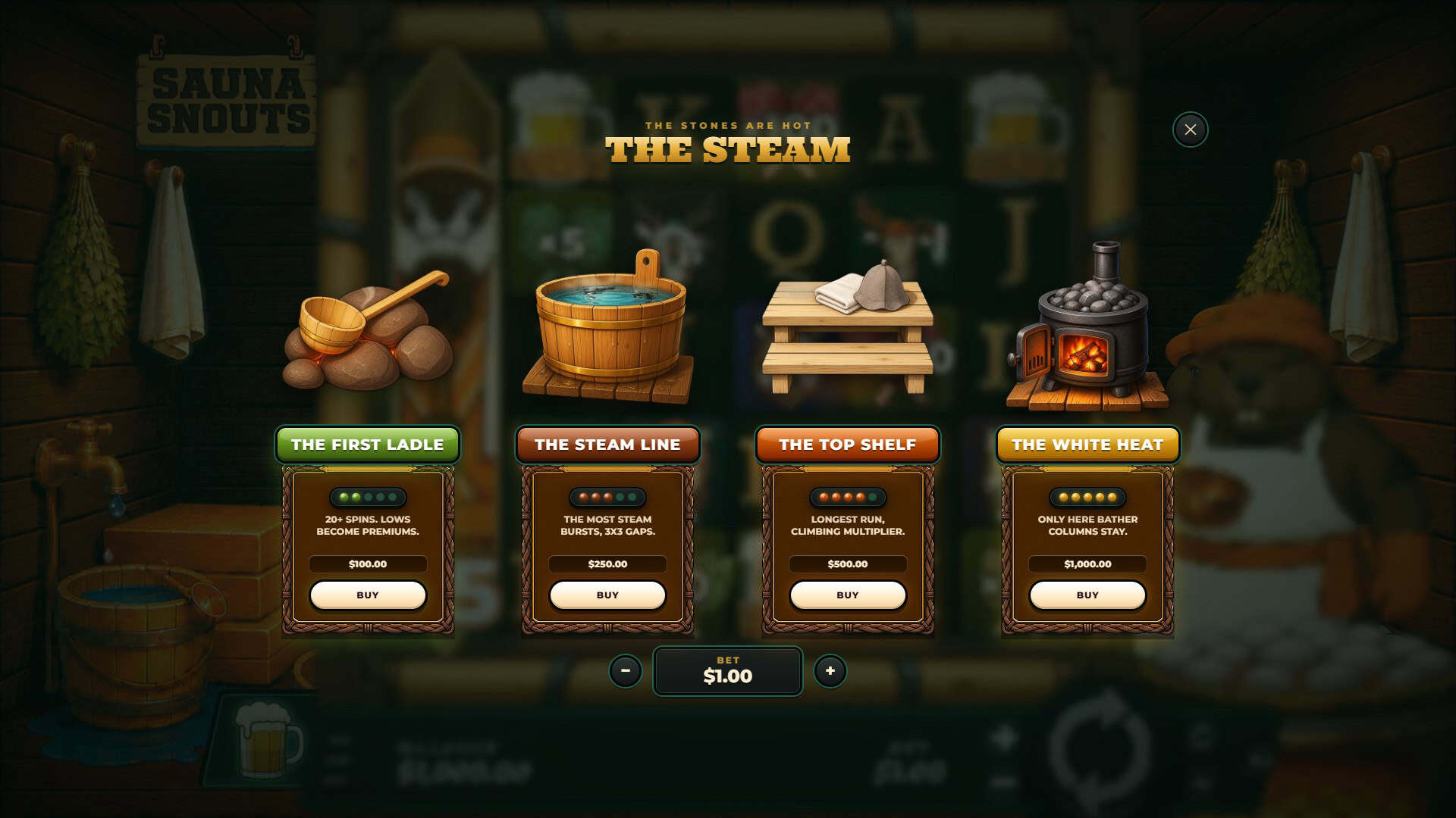 Sauna Snouts bonus buy menu