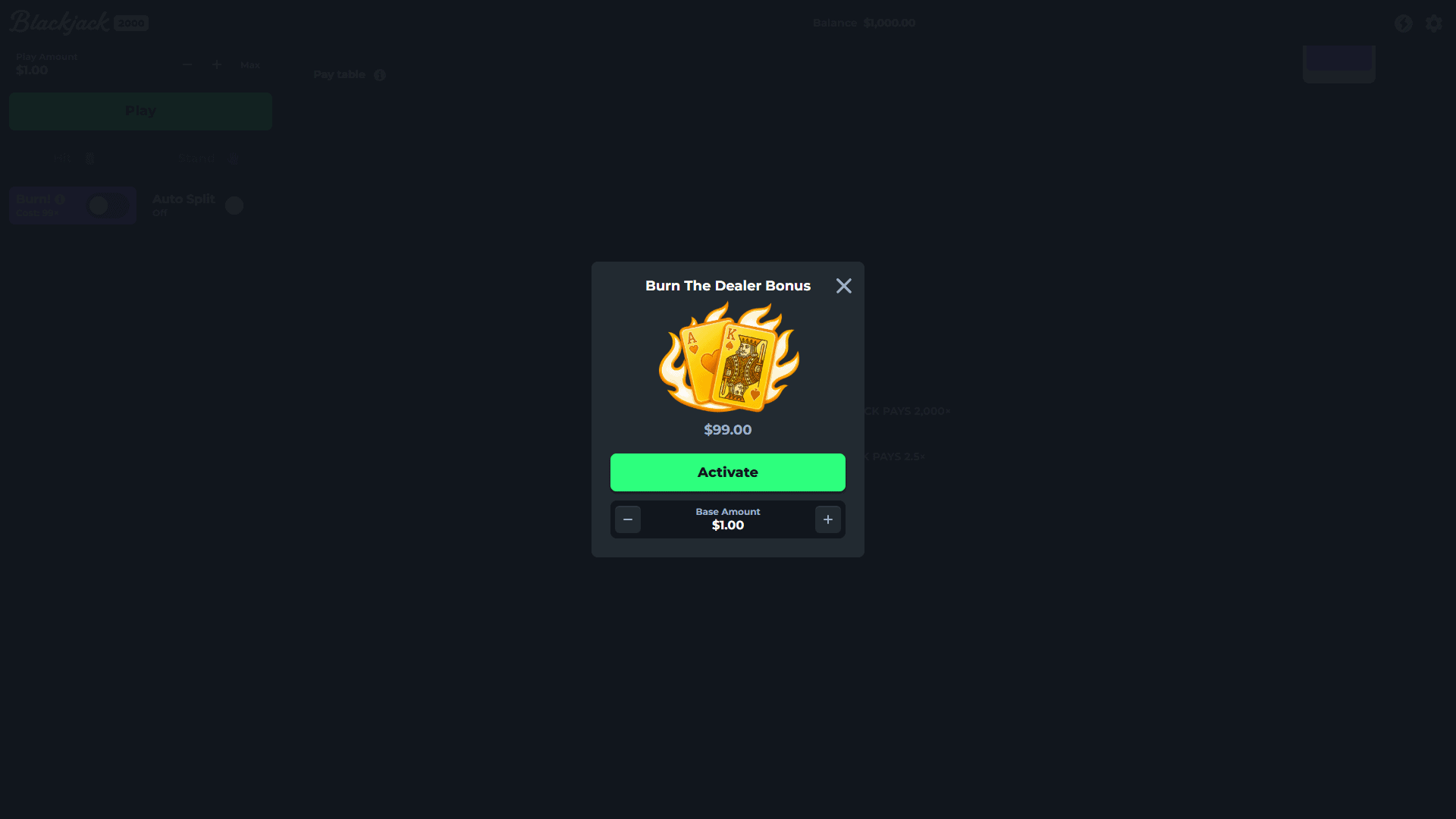 Blackjack 2000 bonus buy menu