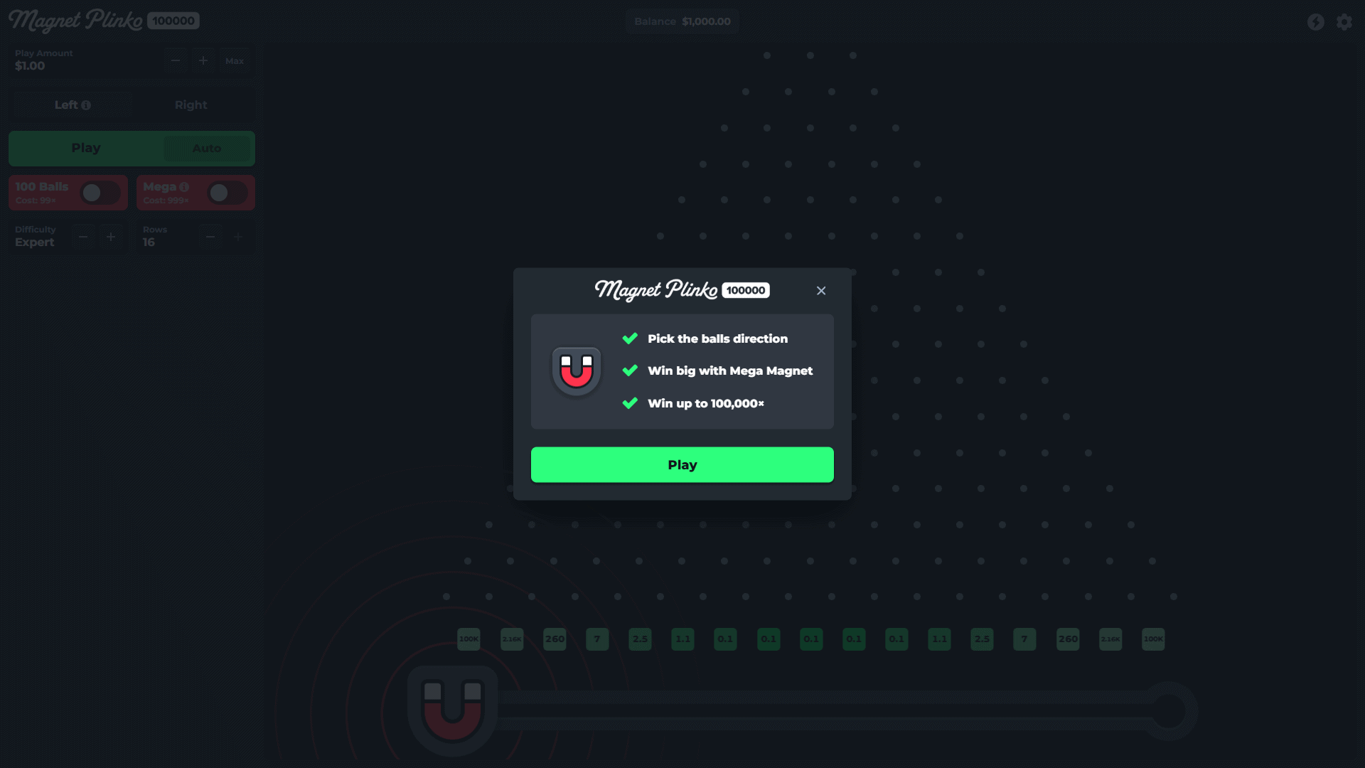 Magnet Plinko 100000 slot intro screen