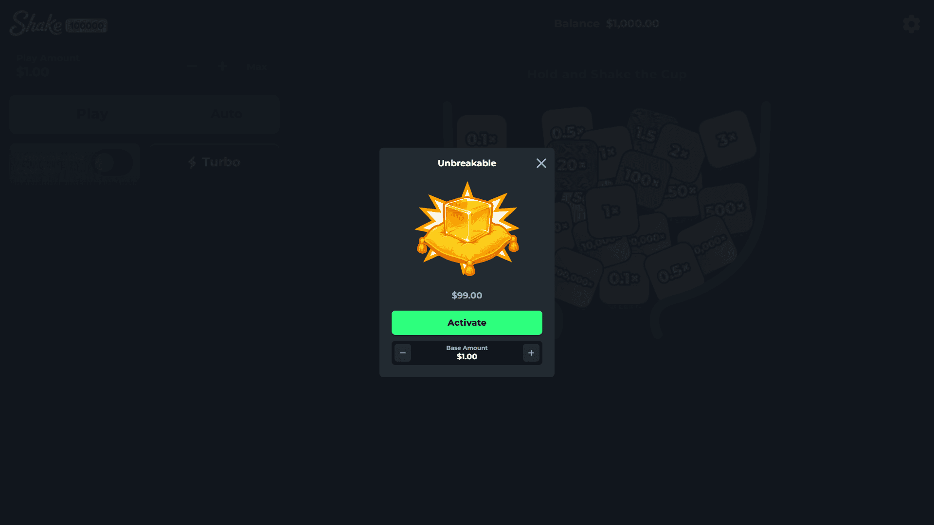 Shake 100000 bonus buy menu