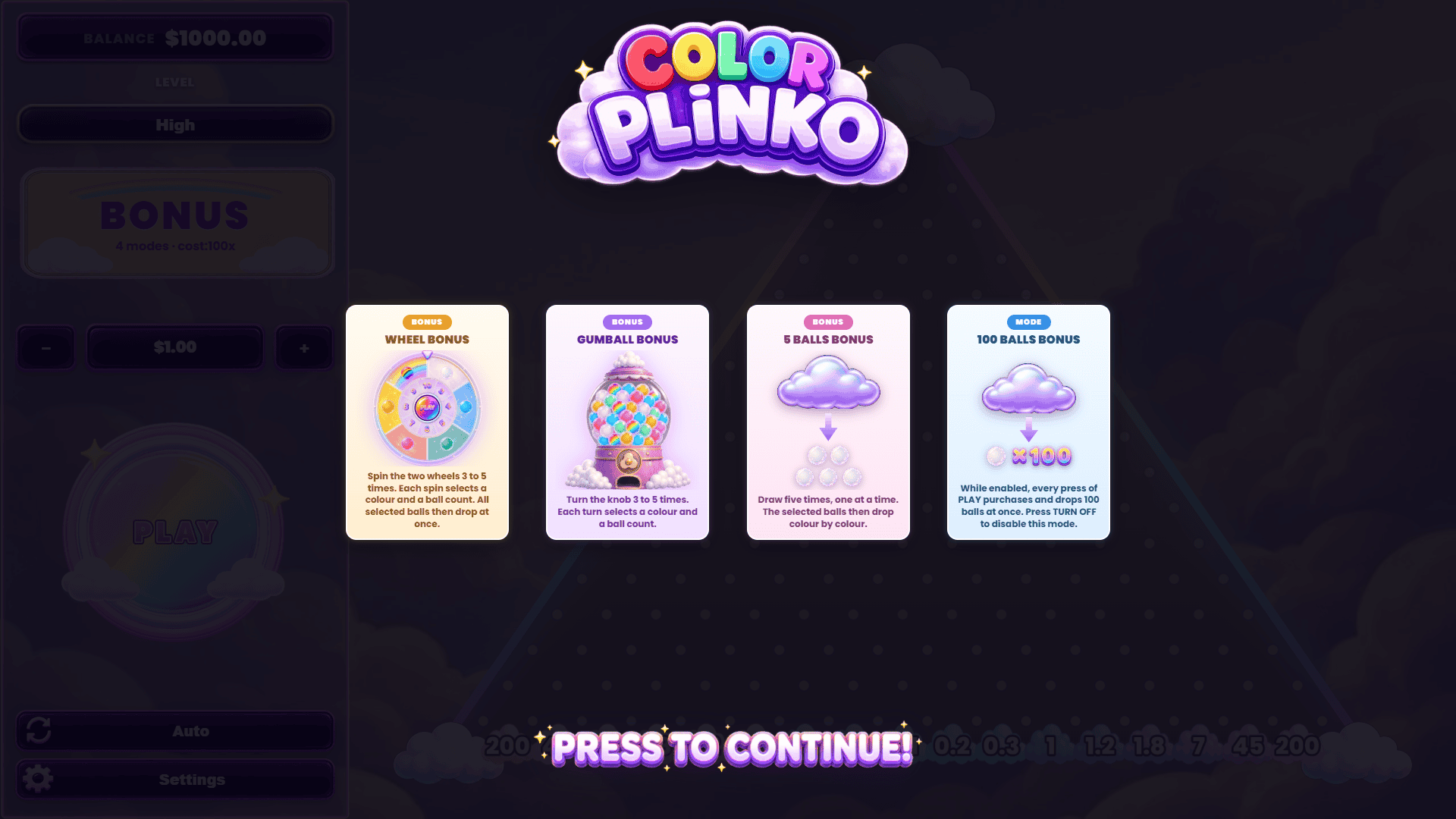 Color Plinko slot intro screen