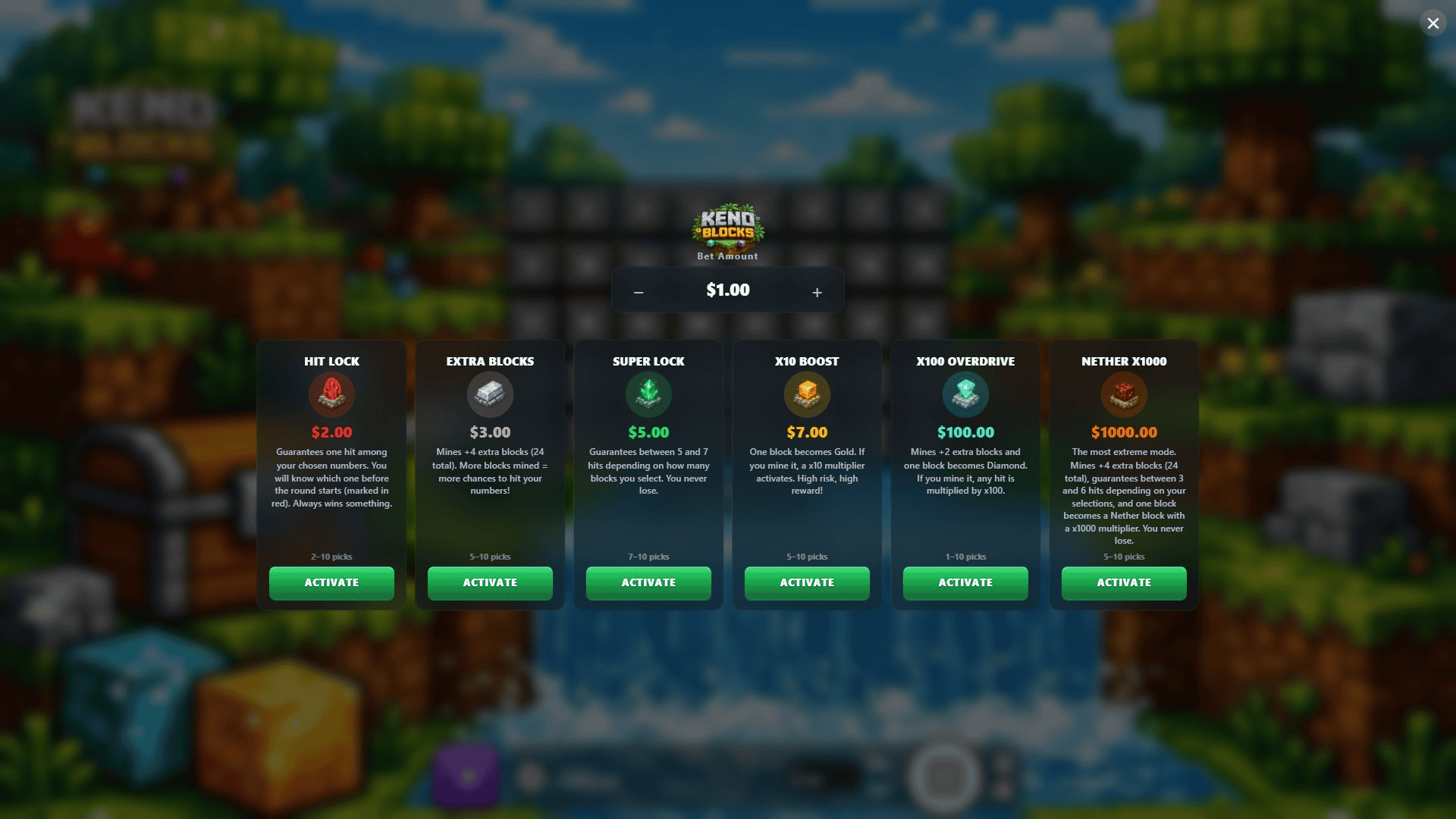 Keno Blocks bonus buy menu