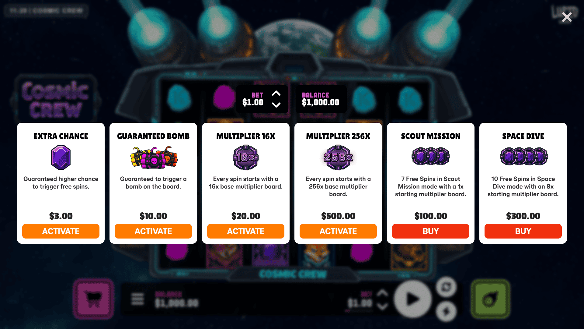 Cosmic Crew Cluster Pays bonus buy menu