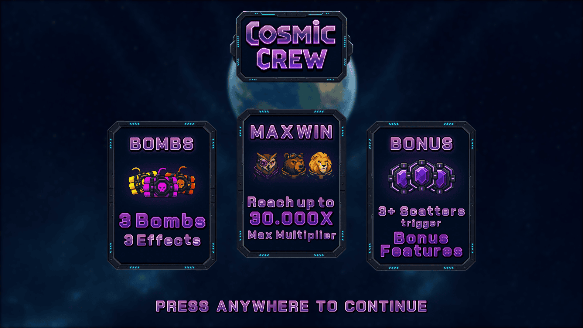 Cosmic Crew Cluster Pays slot intro screen