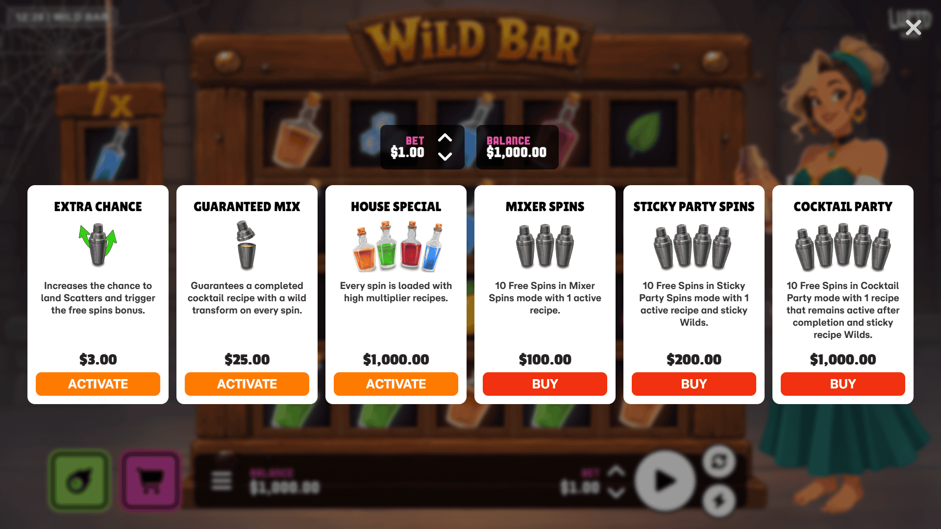 Wild Bar bonus buy menu