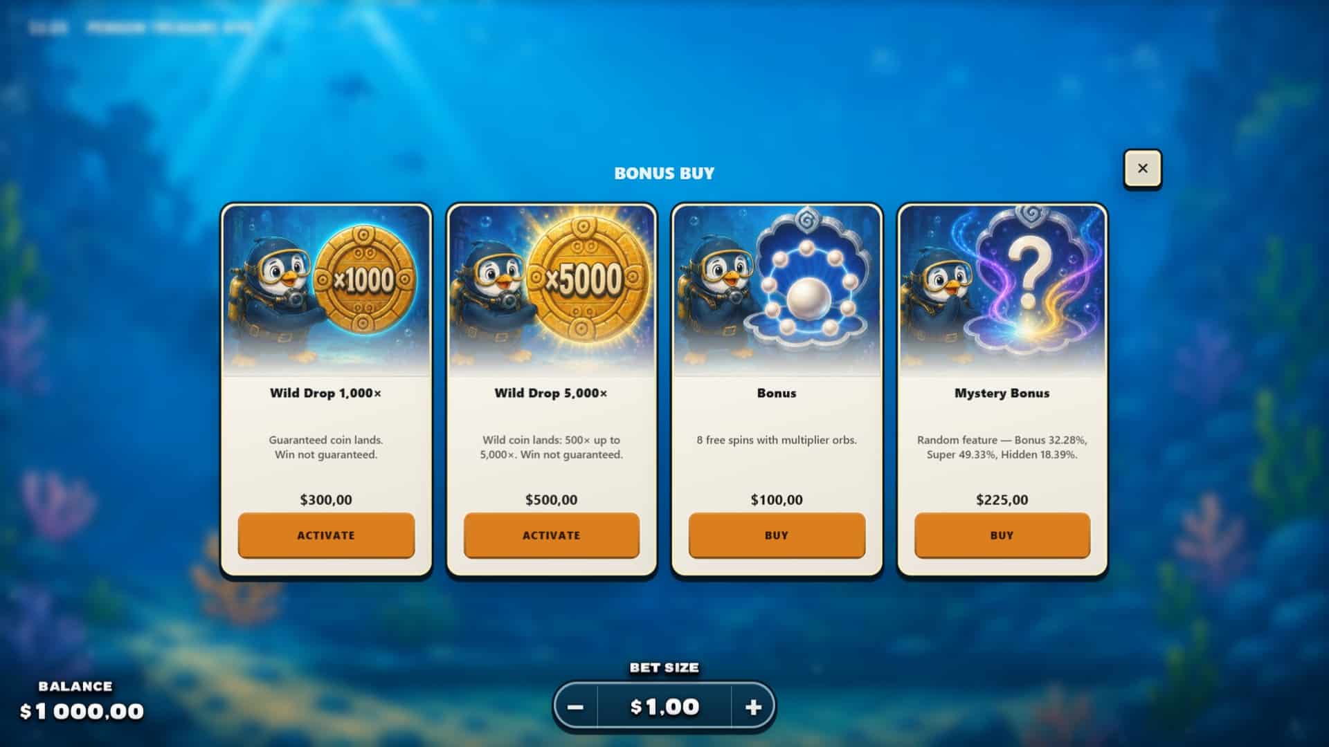Penguin Treasure Dive bonus buy menu