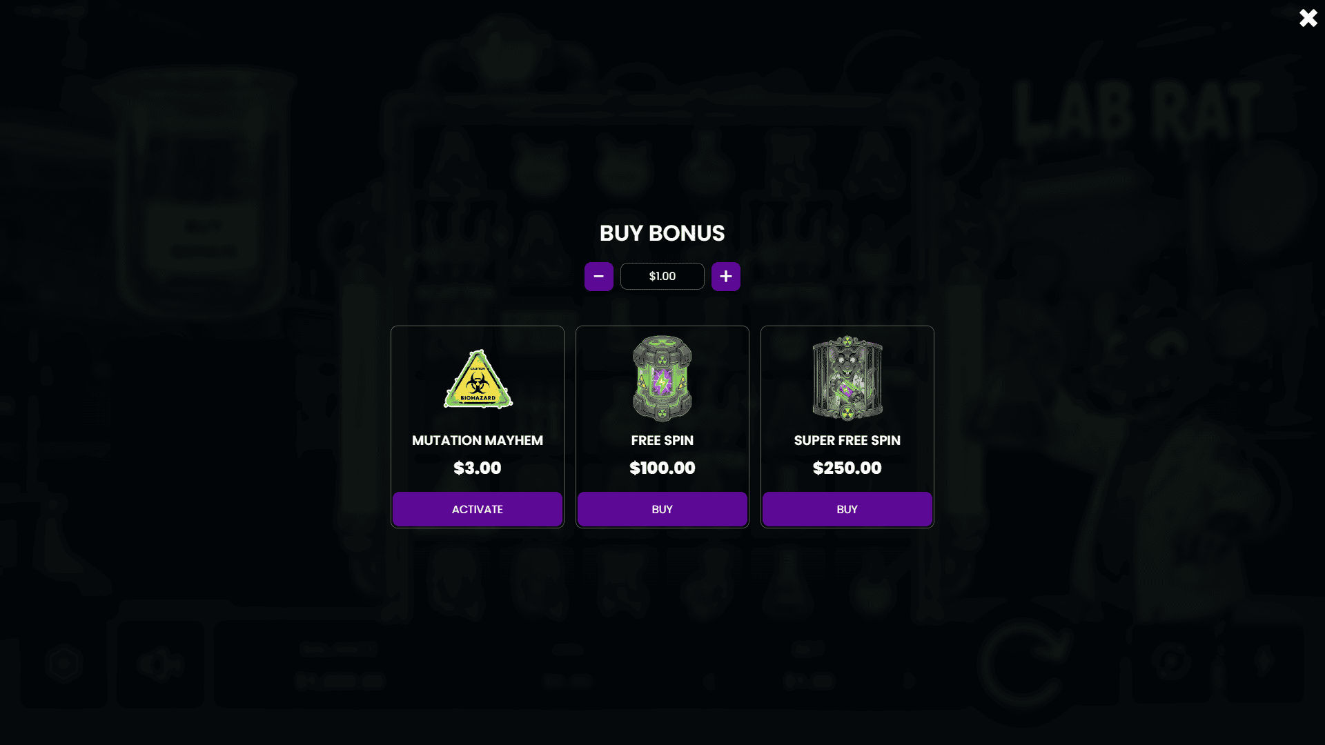 Lab Rat bonus buy menu