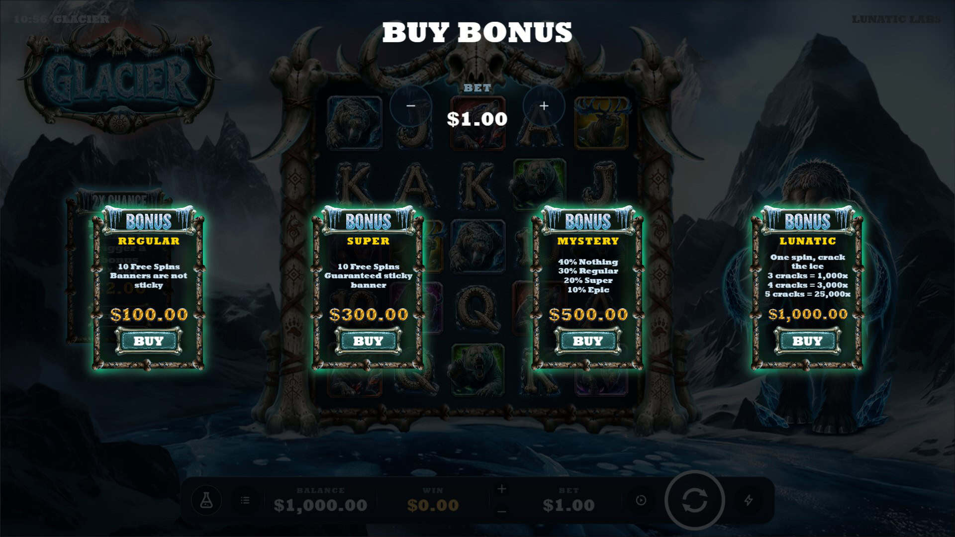 Glacier bonus buy menu