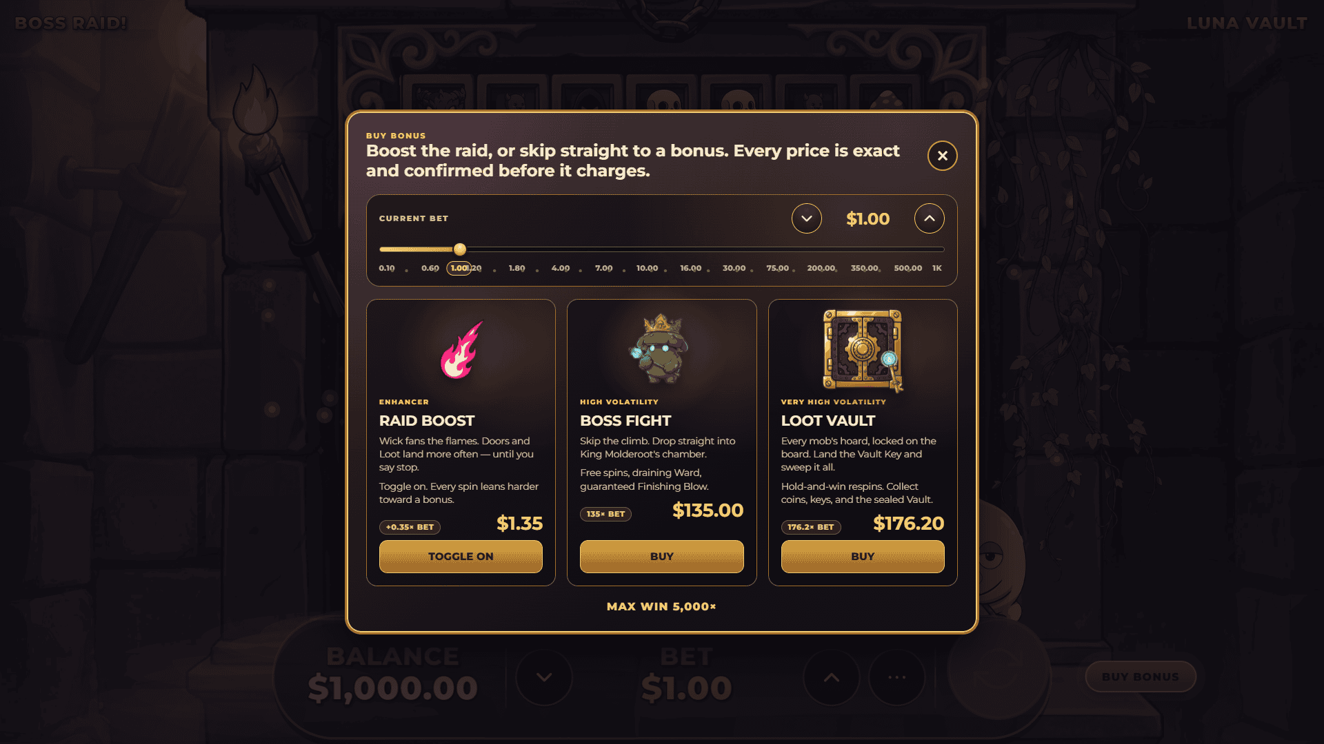 Boss Raid! bonus buy menu