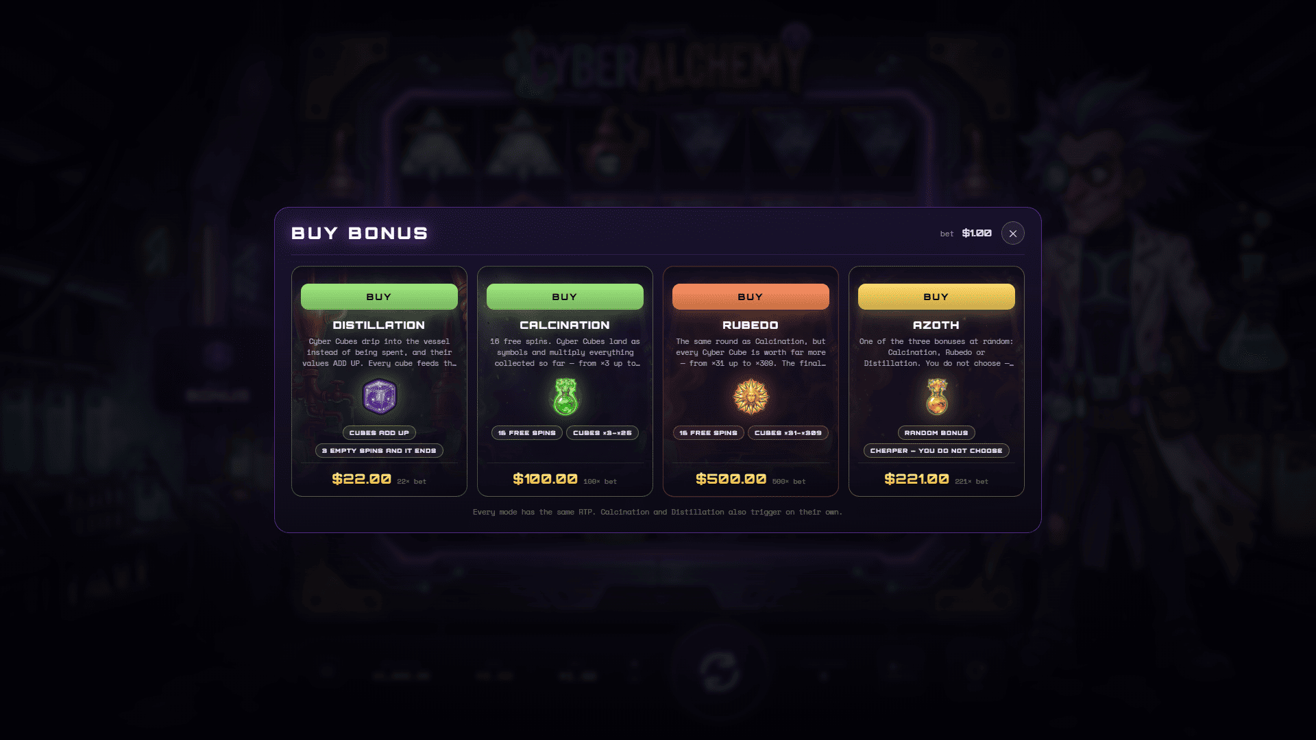 Cyber Alchemy bonus buy menu