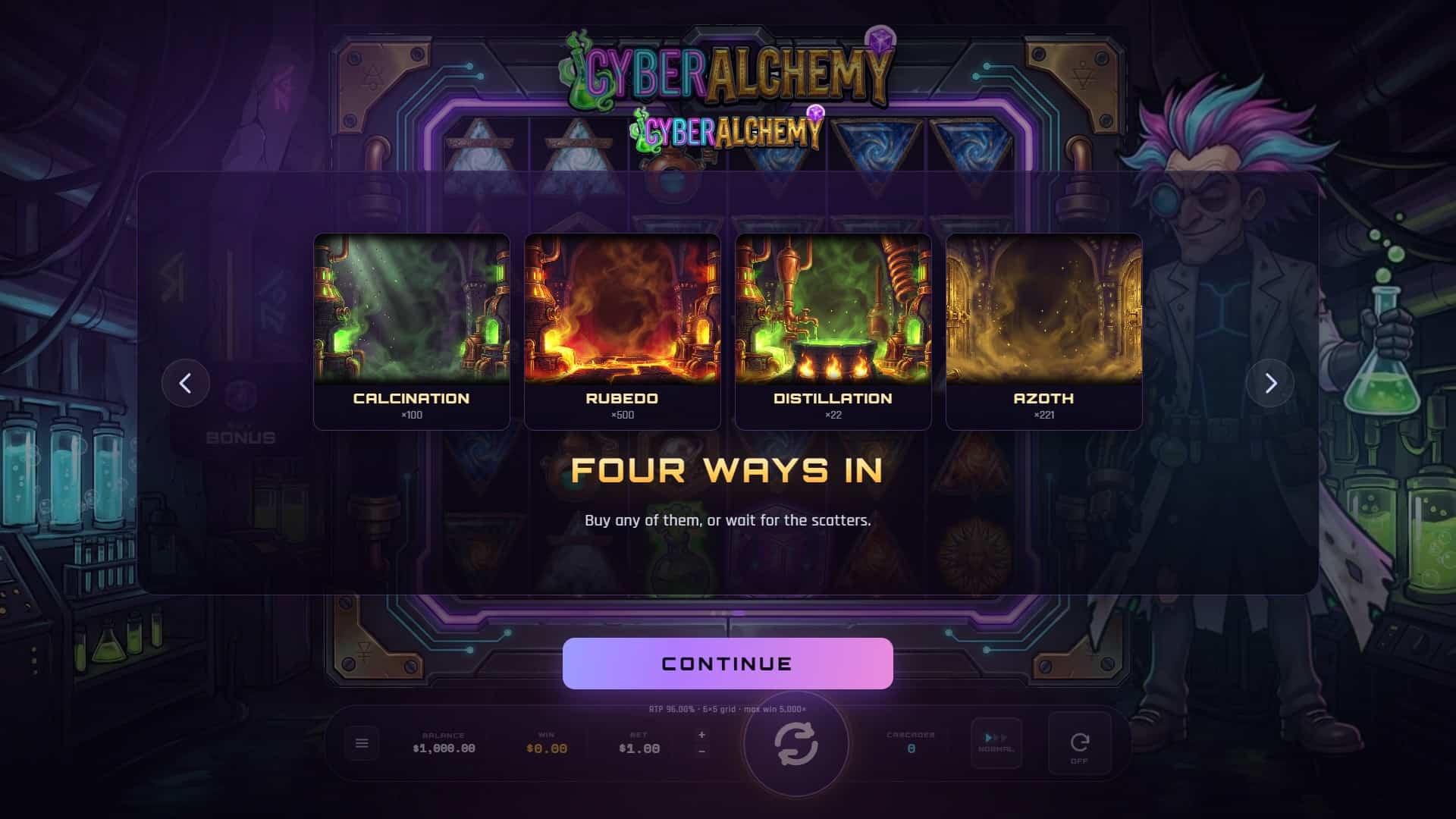 Cyber Alchemy slot intro screen