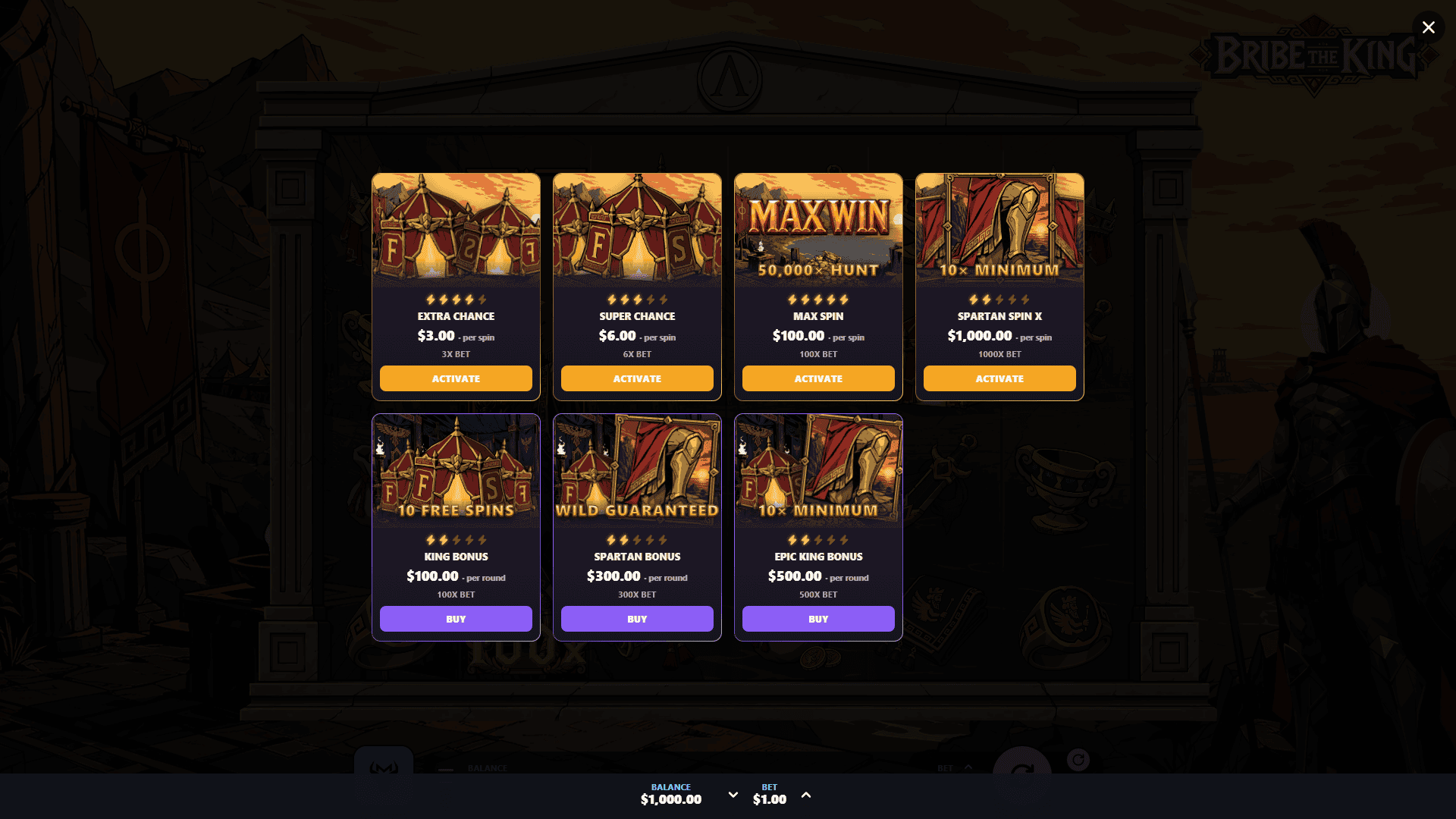 Bribe The King bonus buy menu