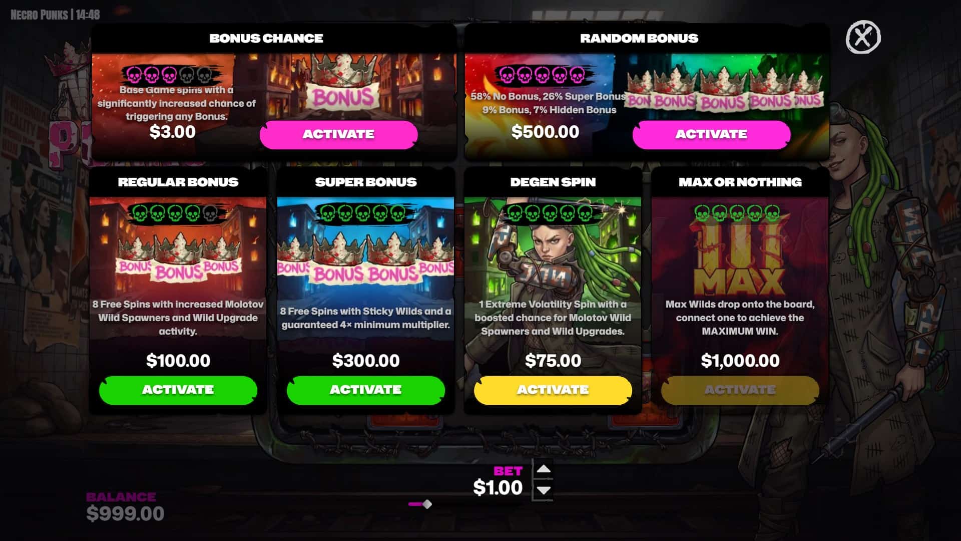 Necro Punks bonus buy menu