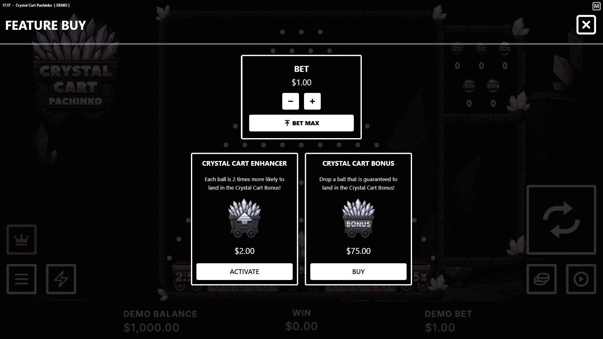 Crystal Cart Pachinko bonus buy menu