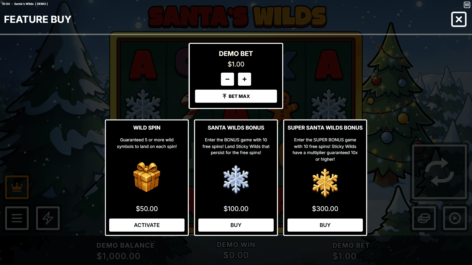 Santas Wilds bonus buy menu