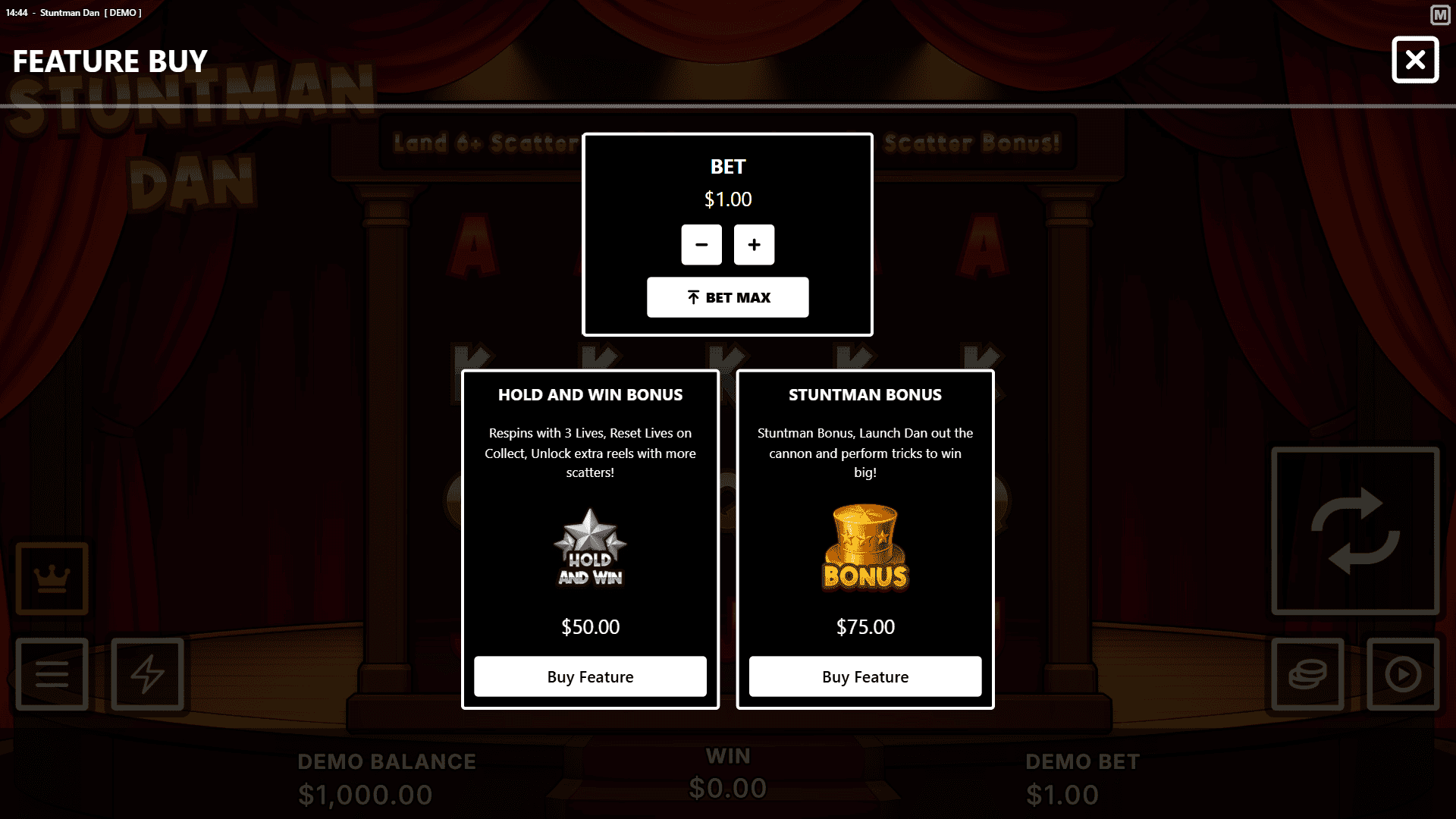 Stuntman Dan bonus buy menu