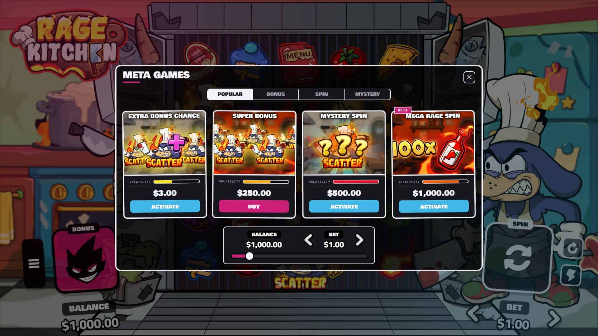 Rage Kitchen bonus buy menu
