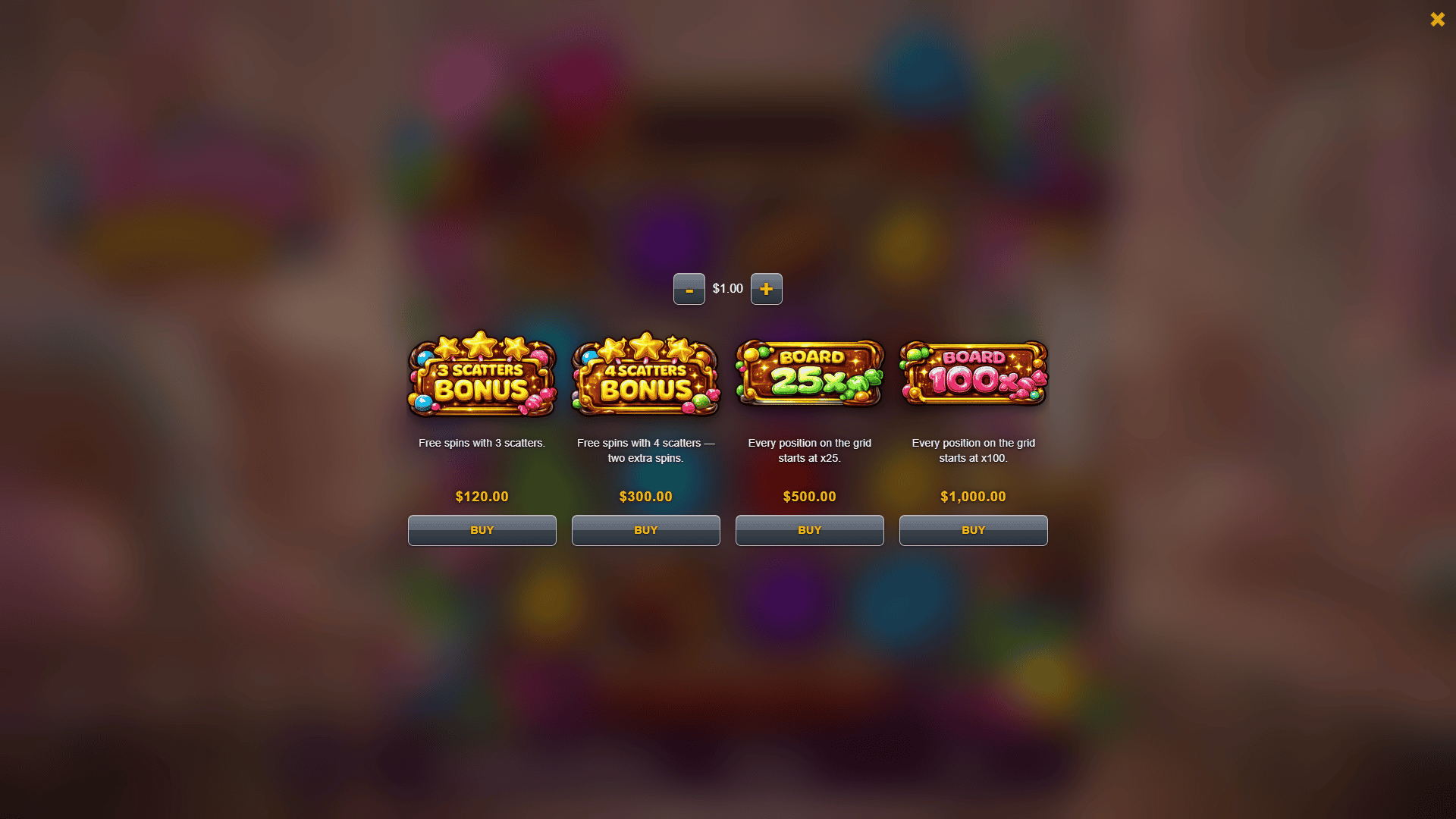 Candy Works bonus buy menu