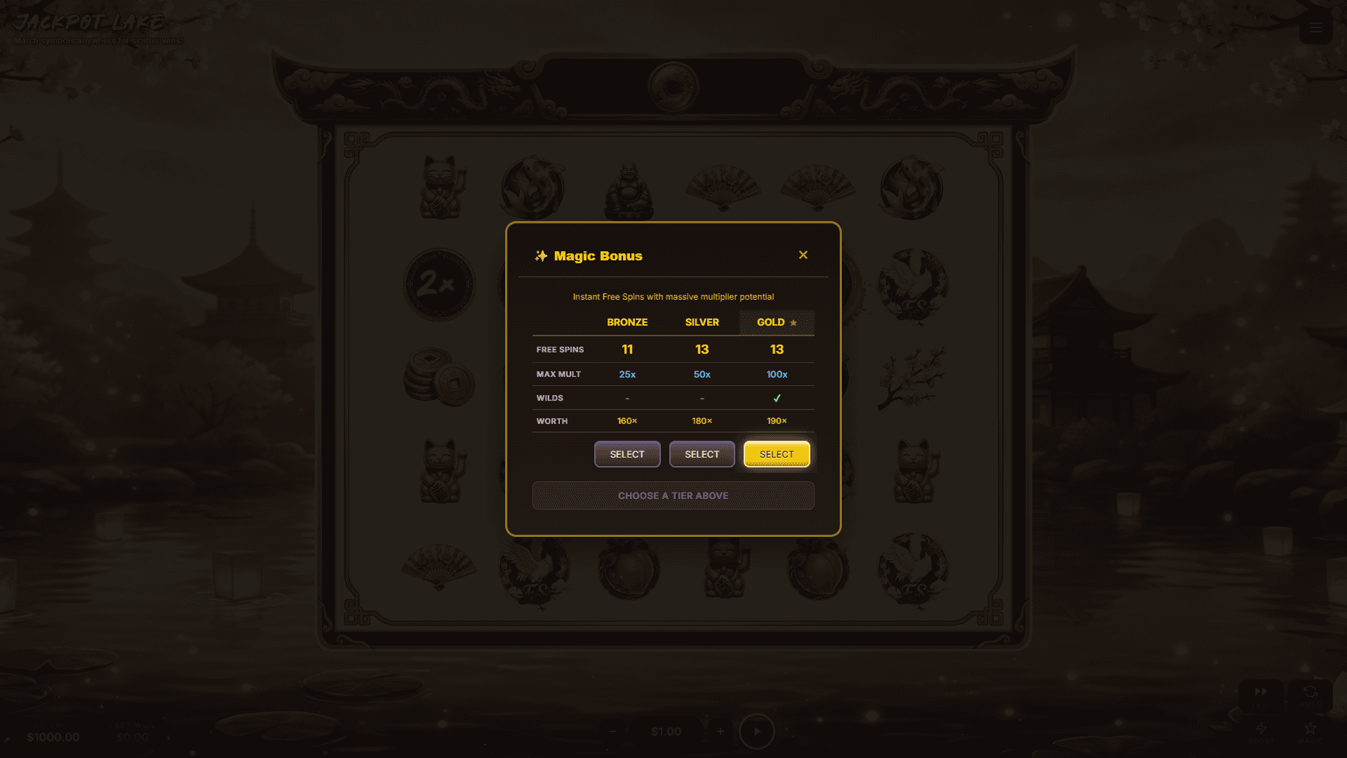 Jackpot Lake bonus buy menu