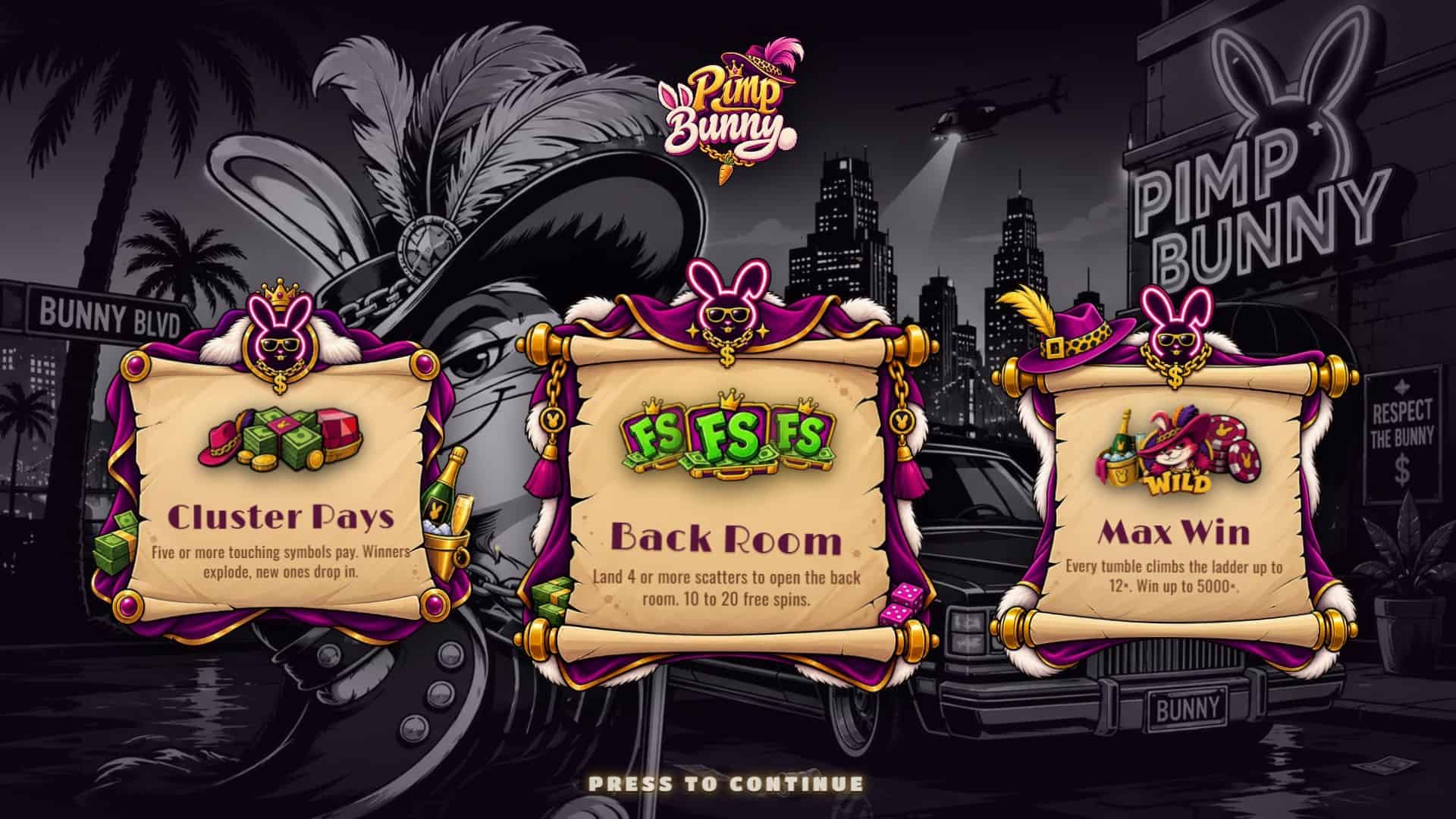 Pimp Bunny Cluster Pays slot intro screen