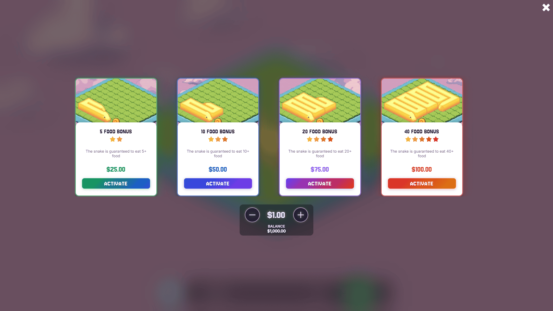 Snake bonus buy menu