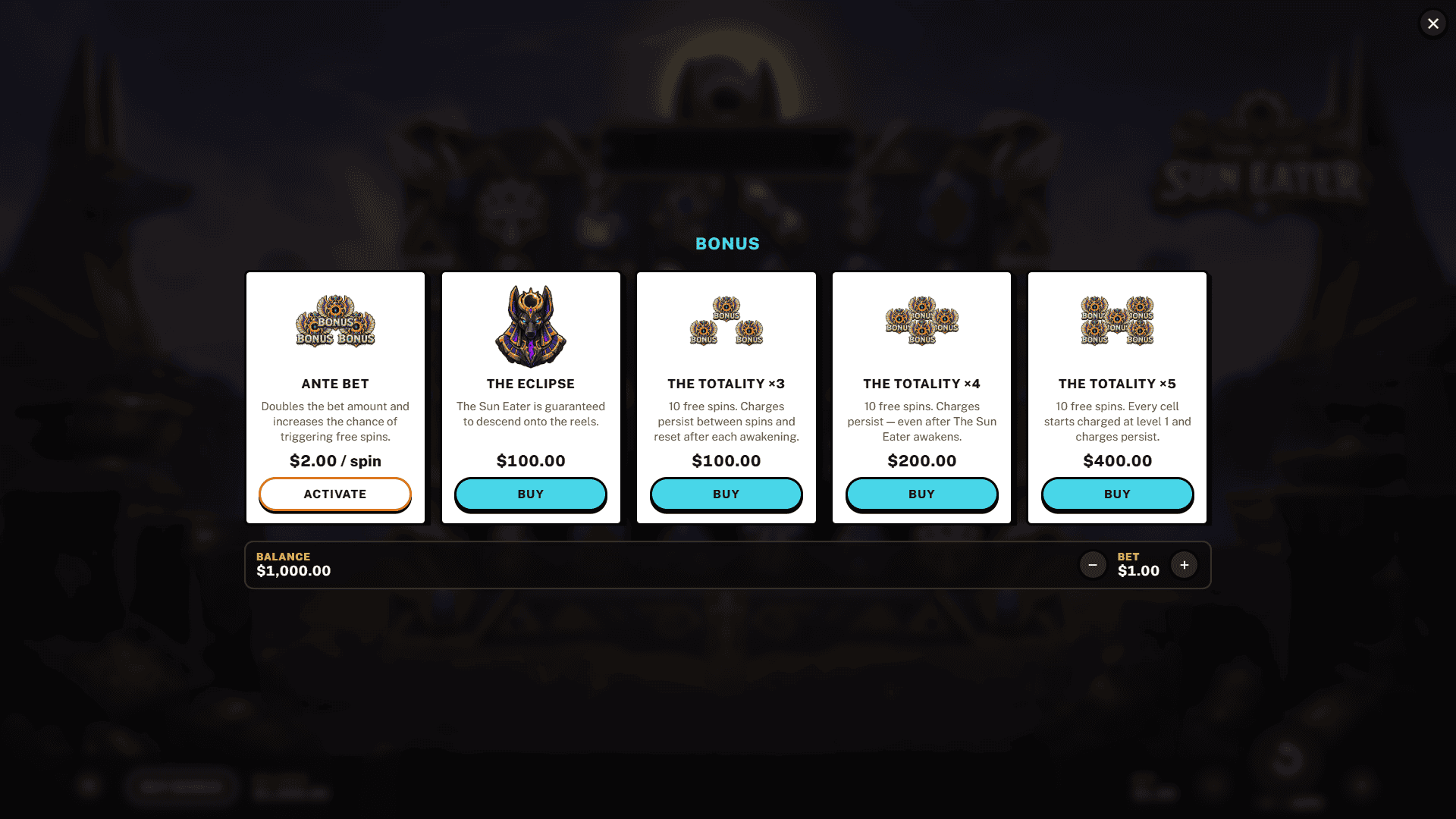 Tomb Of The Sun Eater bonus buy menu